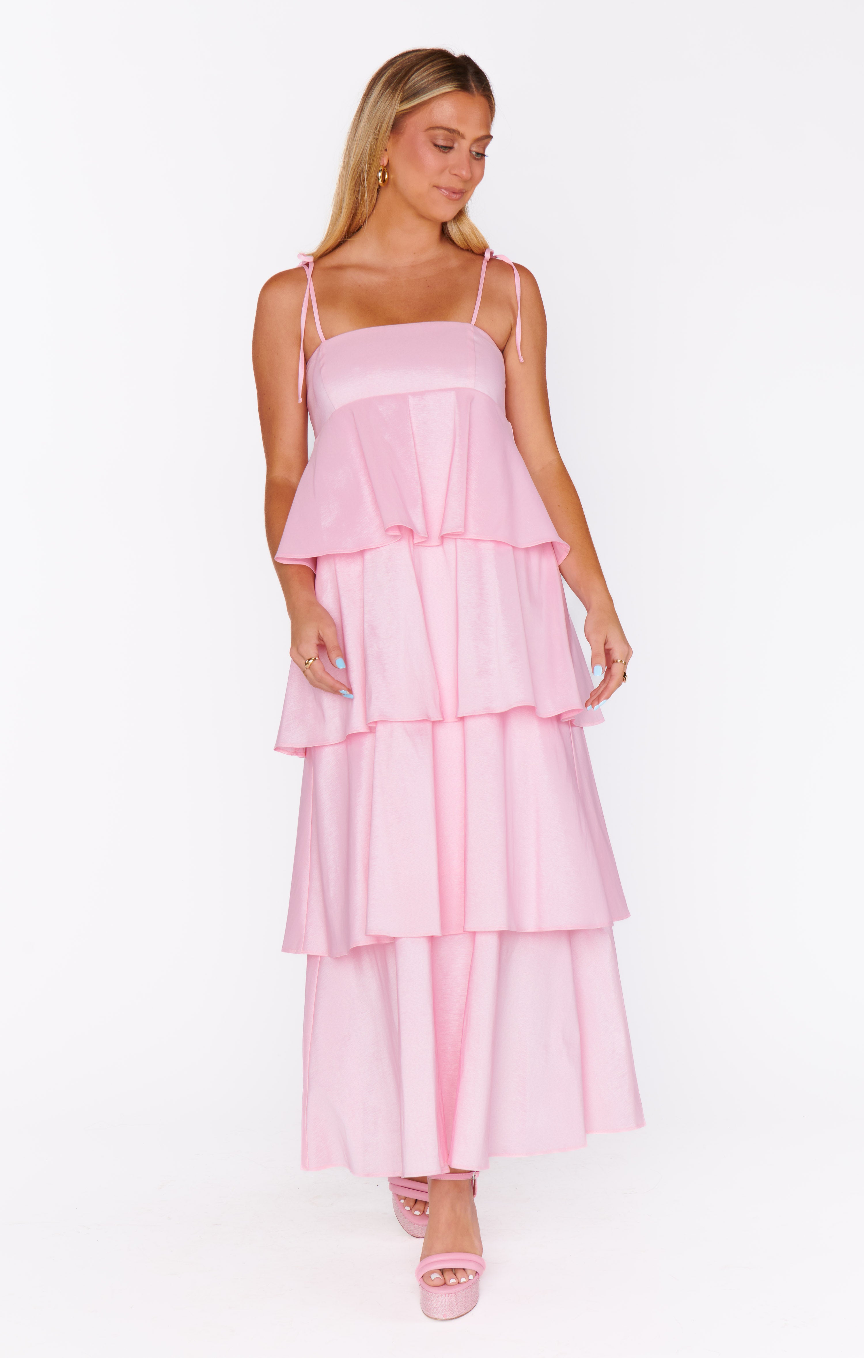 Light Pink Taffeta Midi Dress with Ruffles & Adjustable Straps