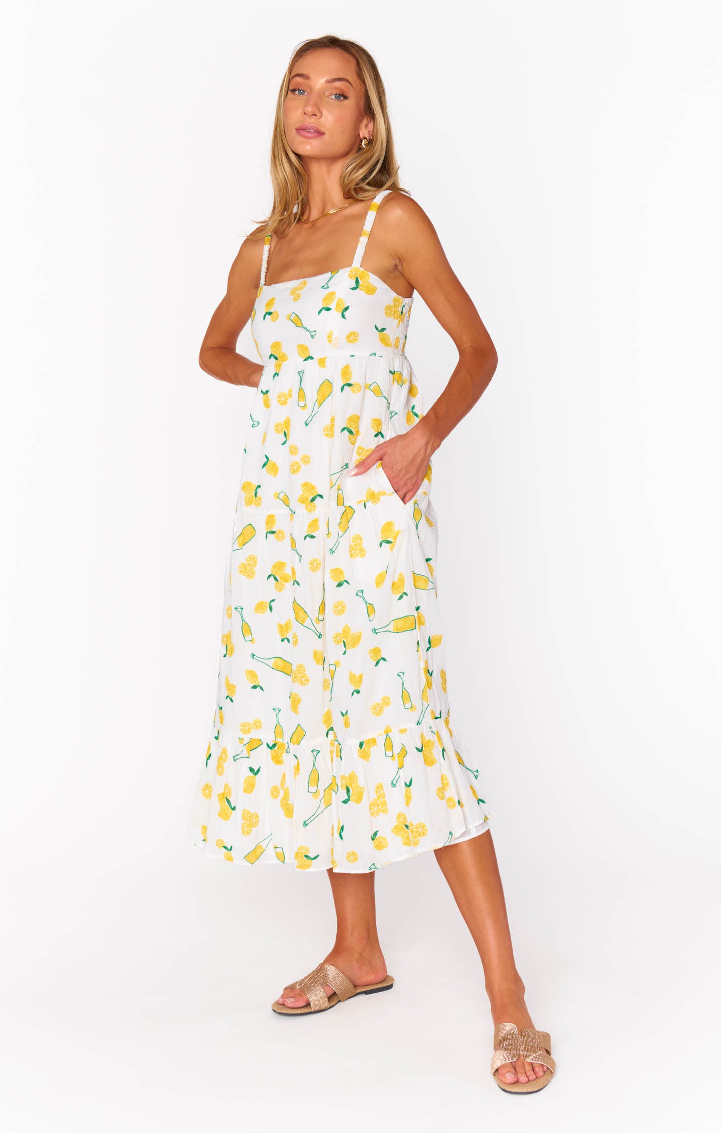 Limoncello Embroidered Summer Midi Dress - Smocked Straps
