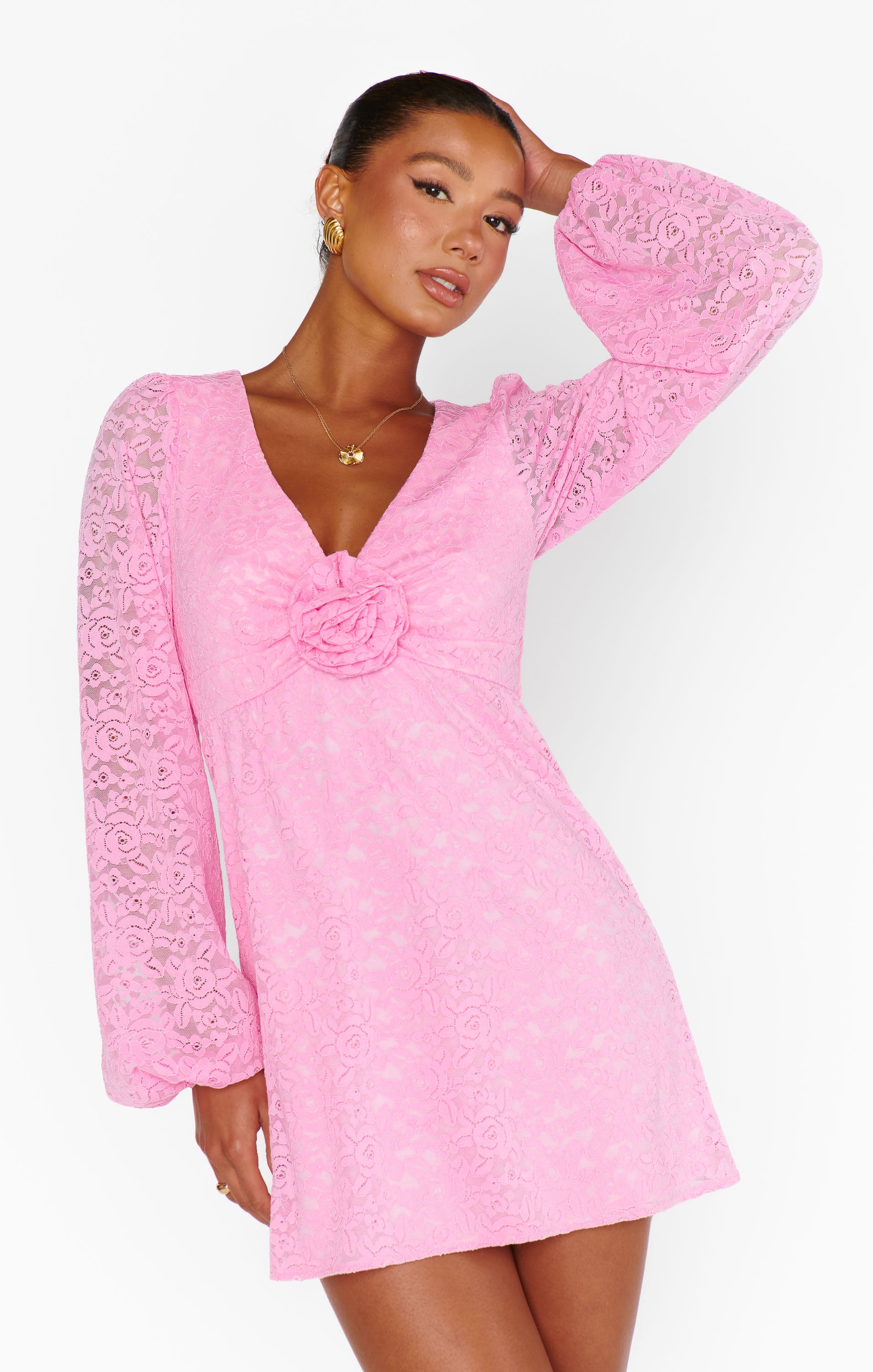Pink Lace Rosetta Mini Dress with Bubble Sleeves