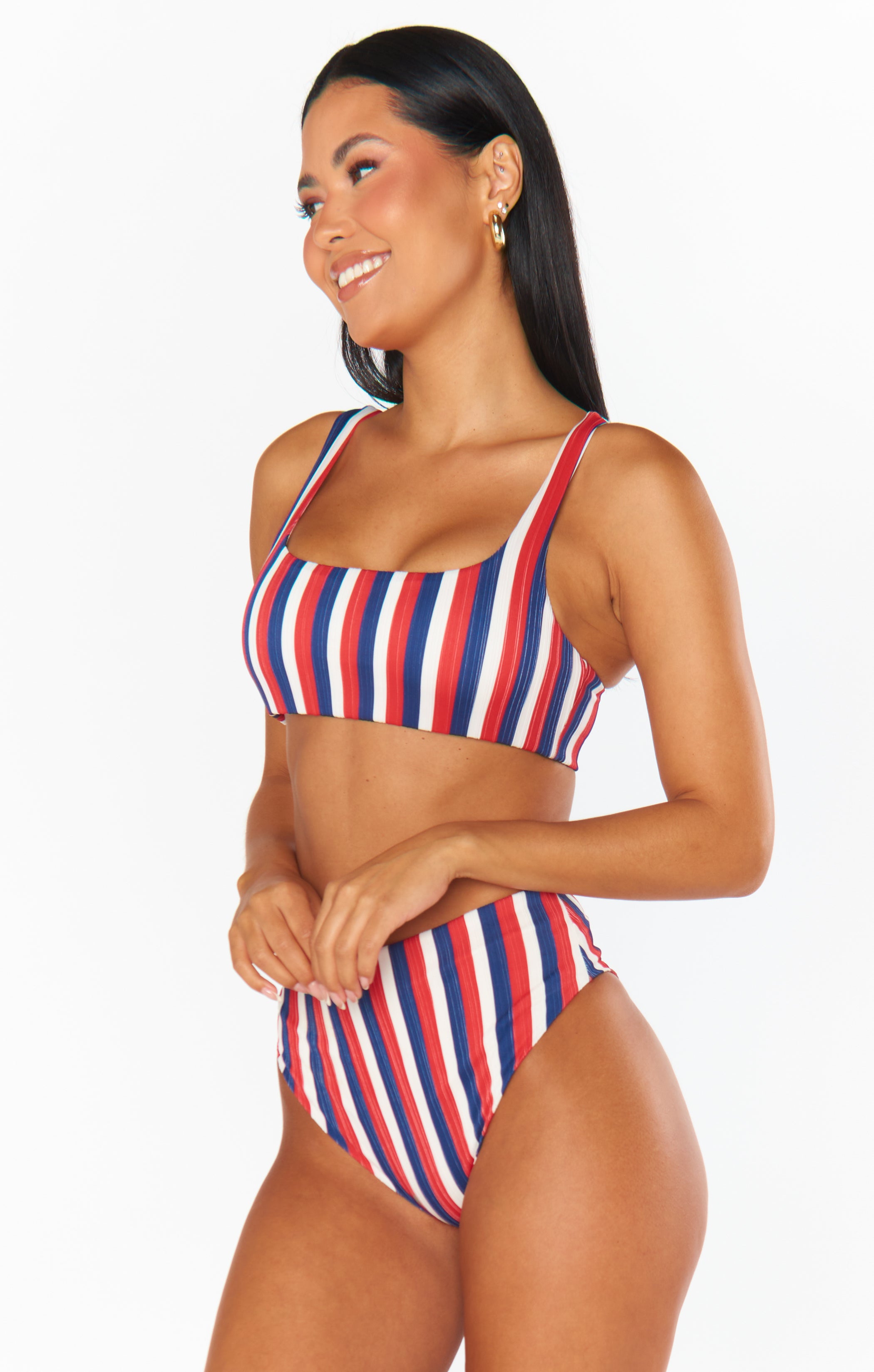 Americana Stripe High Waisted Swim Bottom - Full Coverage Micro Rib