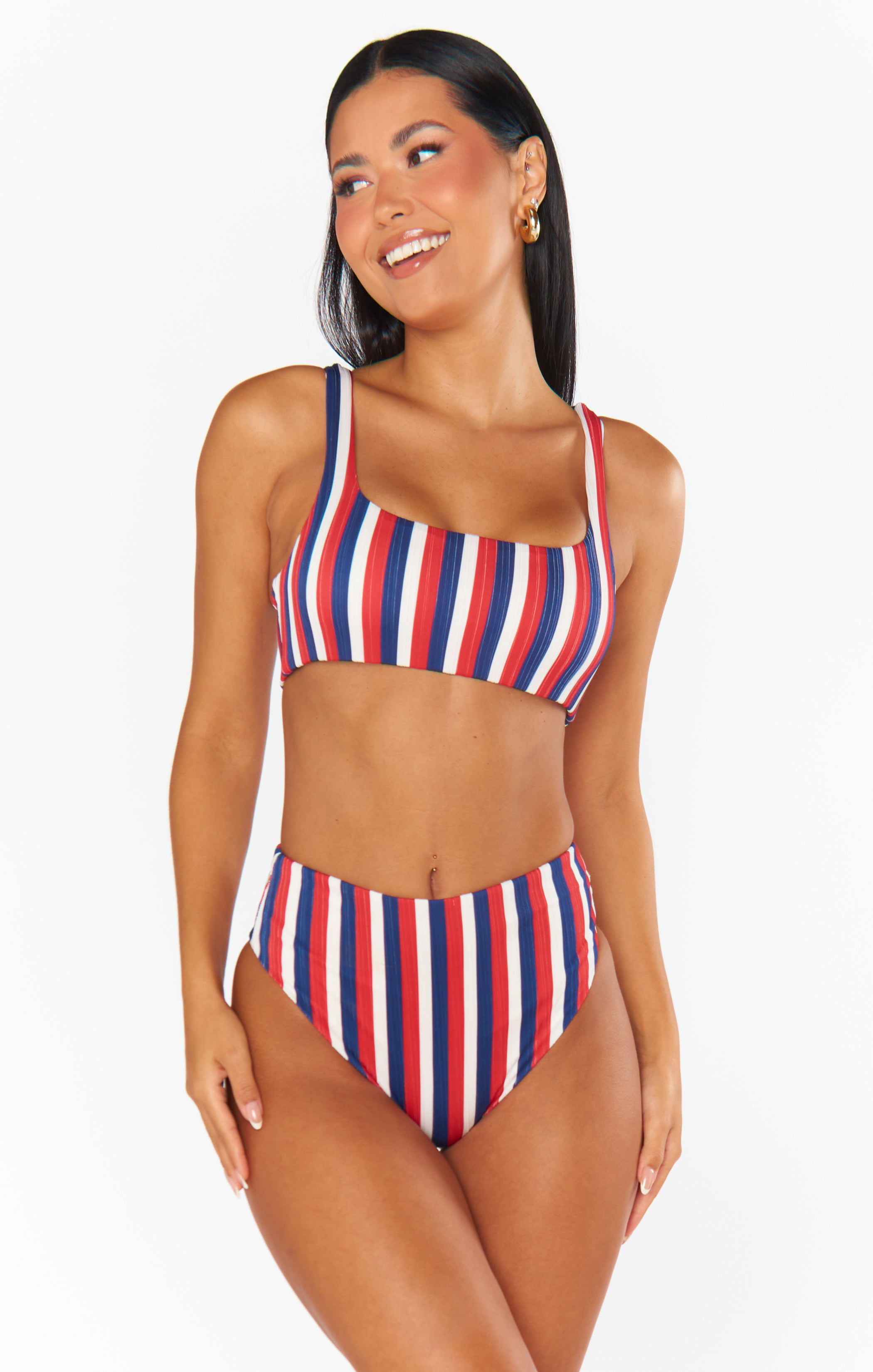 Americana Stripe High Waisted Swim Bottom - Full Coverage Micro Rib