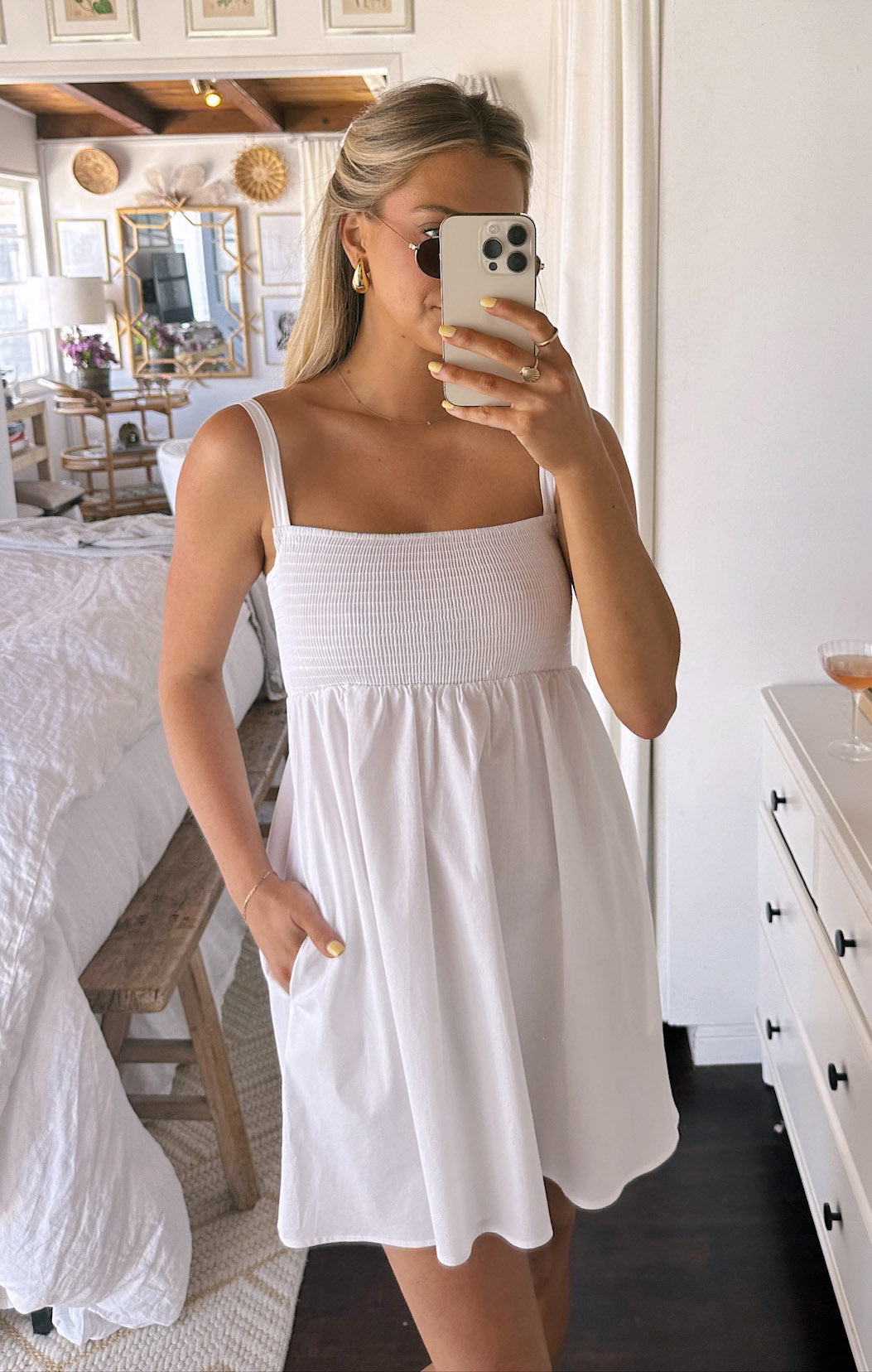 Mallory White Poplin Mini Dress with Smocked Bust & Empire Waist
