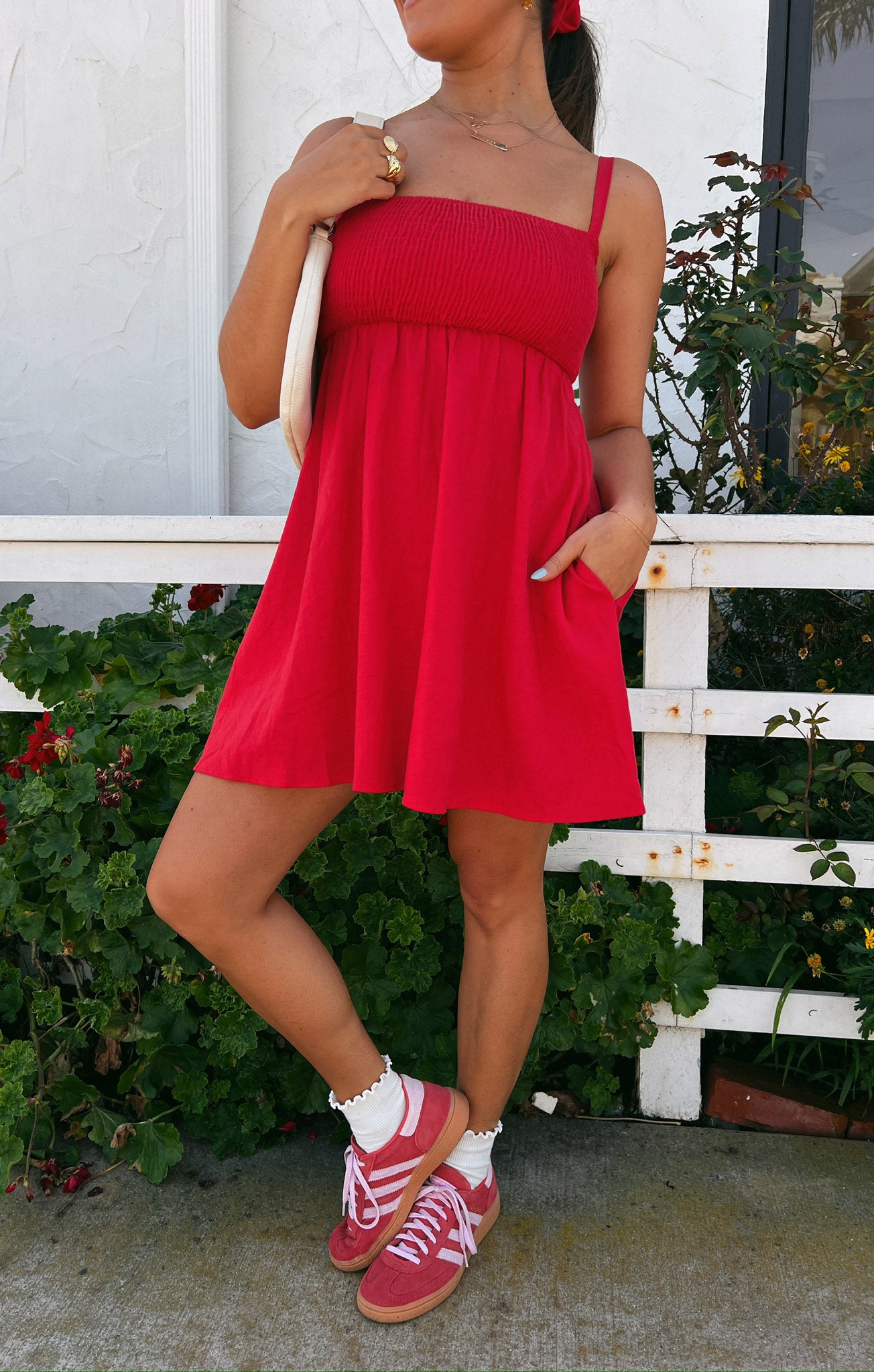 Red Linen Mallory Mini Dress - Smocked Bust & Empire Waist