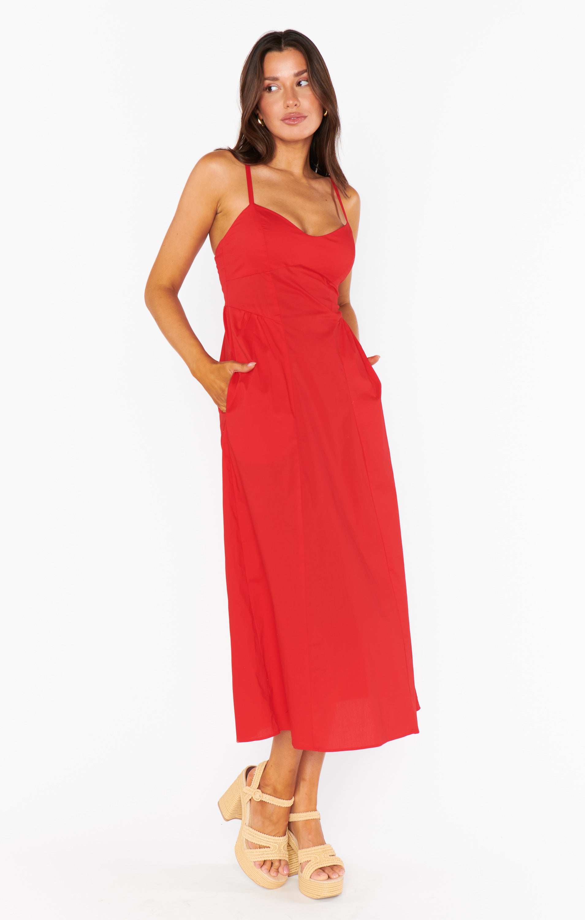 Allegra Sweetheart Neckline Midi Dress - Red Poplin