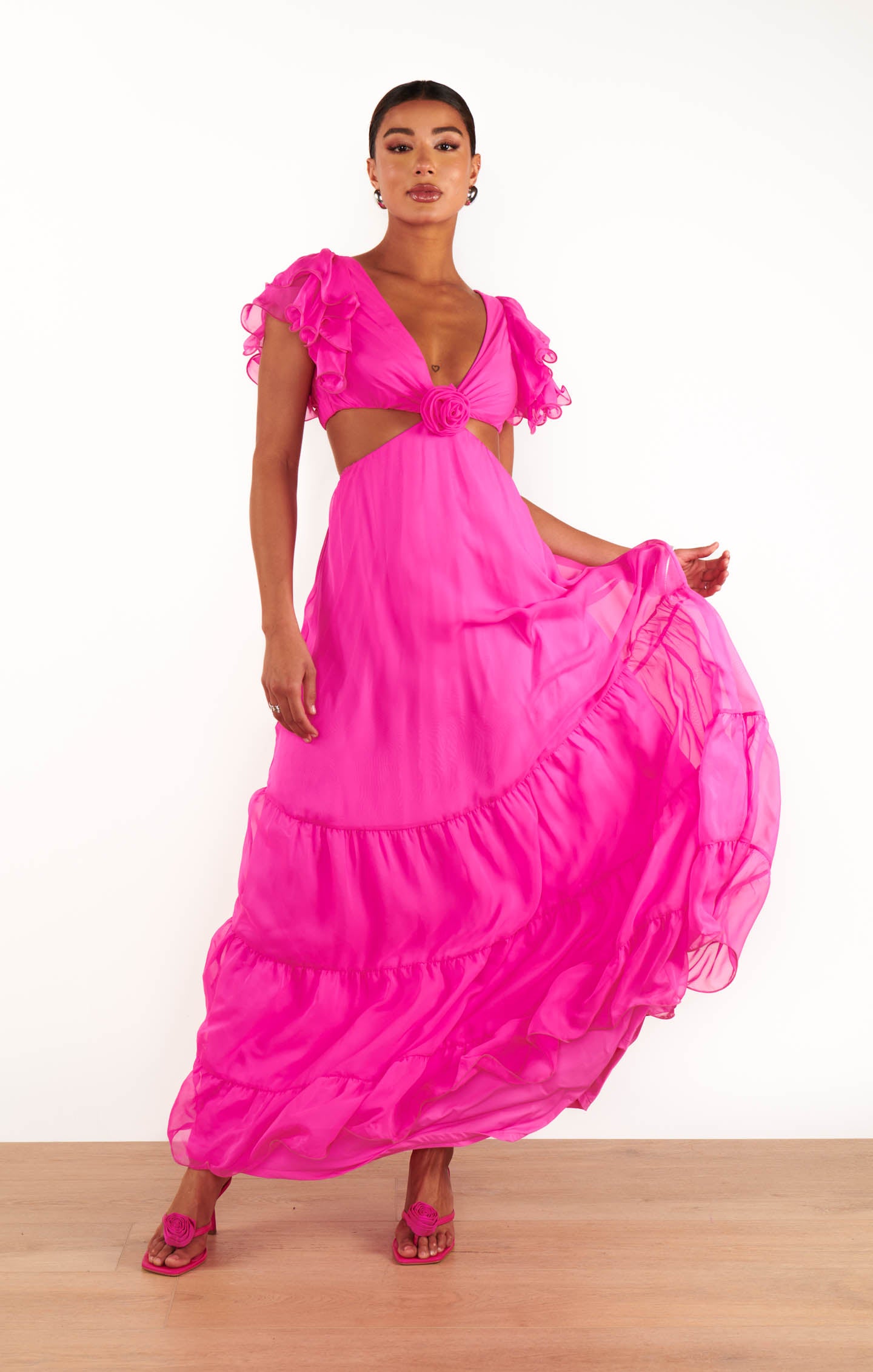 Christine Shocking Pink Chiffon Maxi Dress with Cut-Out & Flutter Sleeves