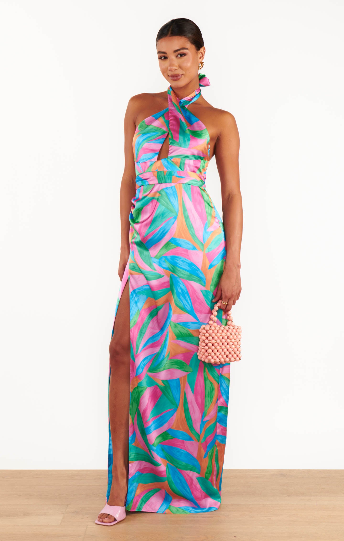 Adele Halter Maxi Dress in Guava Punch - Backless Satin Wrap