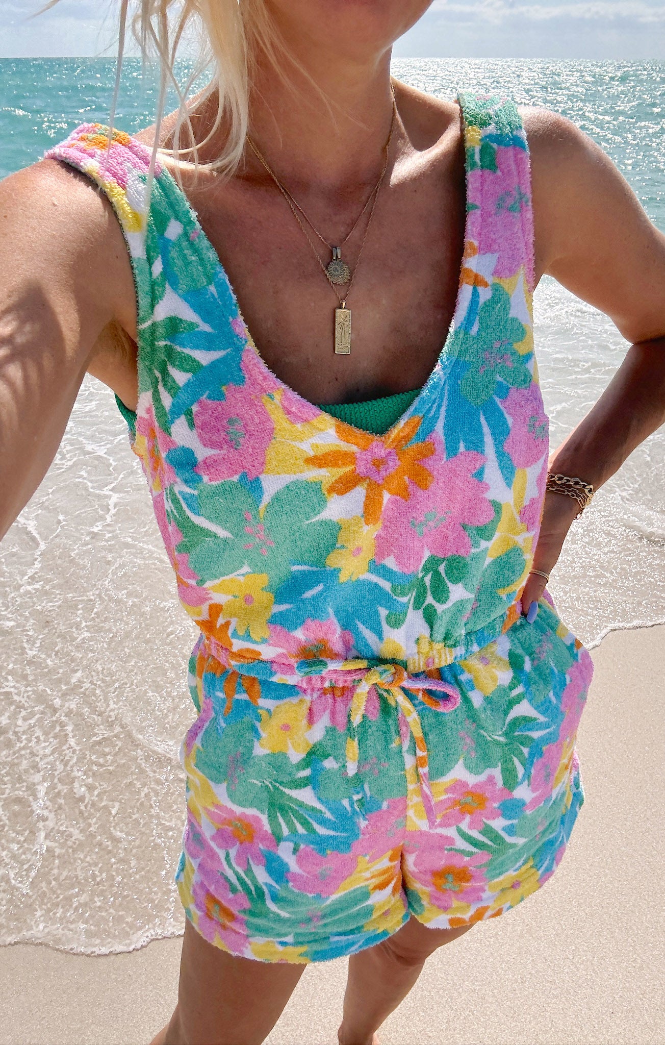 Beach Romper with Floral Terry Fabric & Adjustable Waist