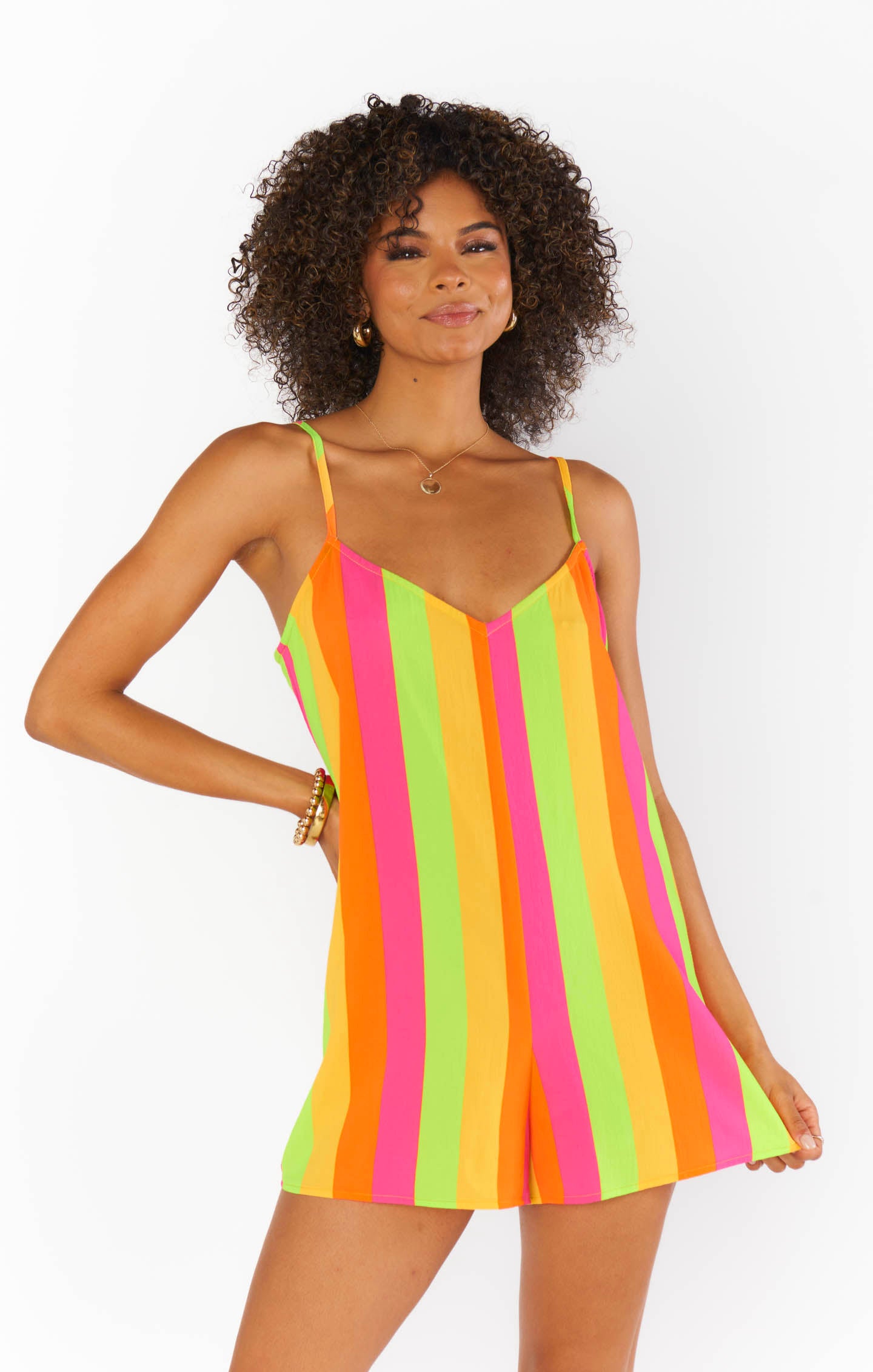 Neon Stripe Rascal Romper – Breezy V-Neck Summer Outfit