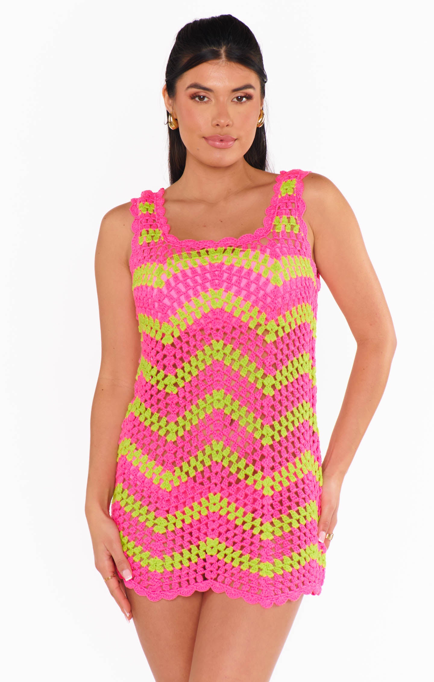 Tara Mini Dress - Pink & Yellow Crochet Summer Beach Dress
