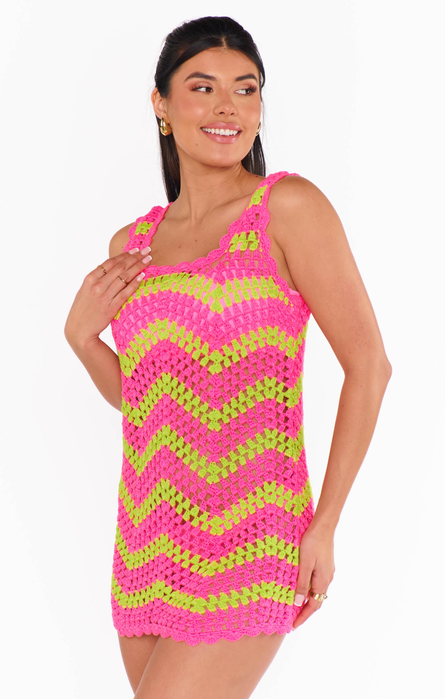 Tara Mini Dress - Pink & Yellow Crochet Summer Beach Dress