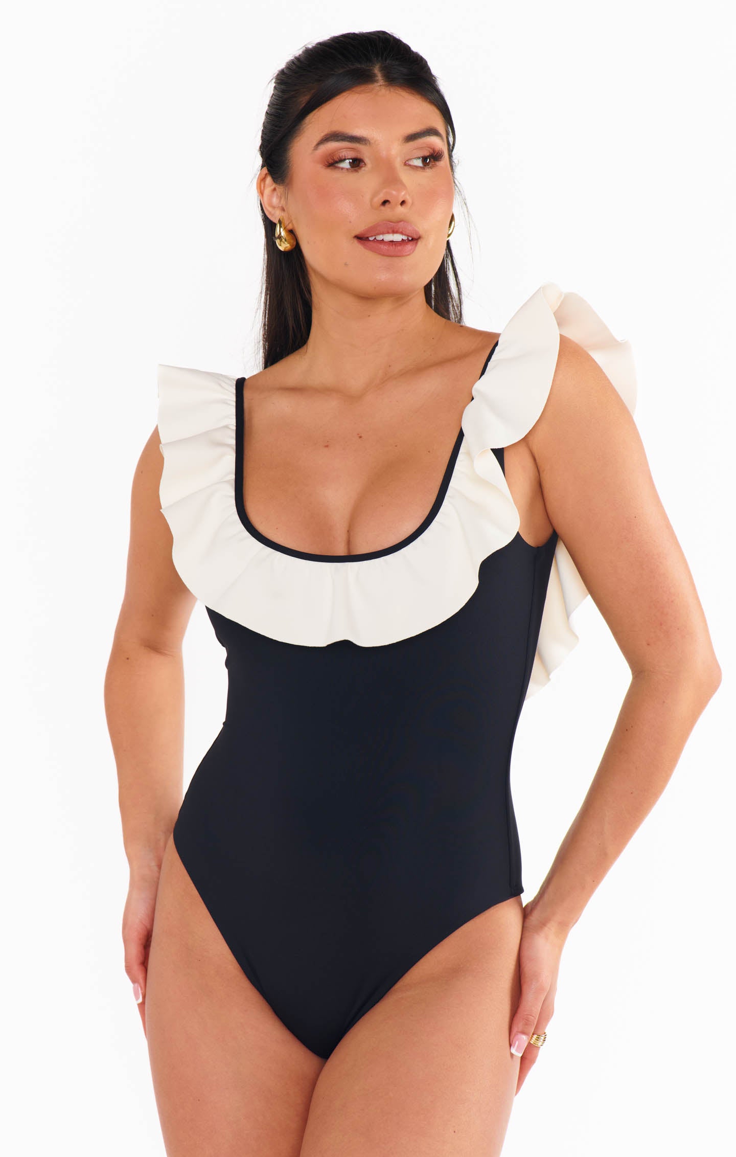 Ritz White Black Colorblock One Piece Swimsuit with Ruffles