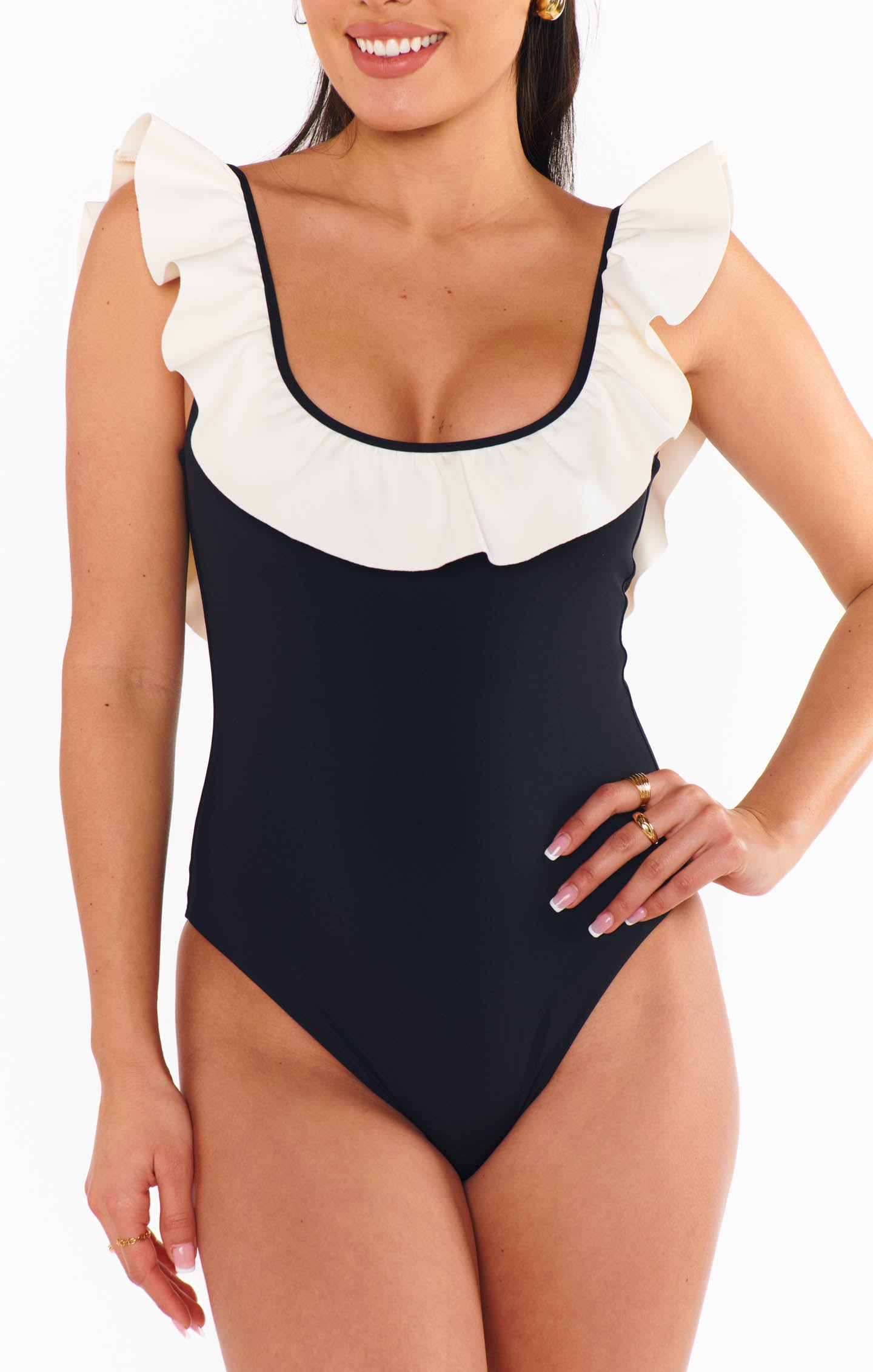 Ritz White Black Colorblock One Piece Swimsuit with Ruffles