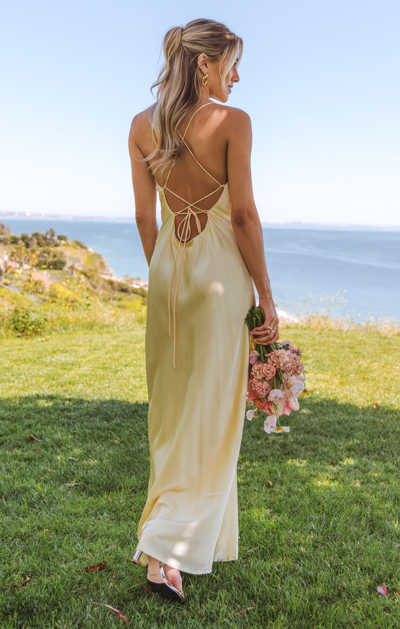 Dani Satin Slip Dress - Pale Yellow Maxi with Square Neck