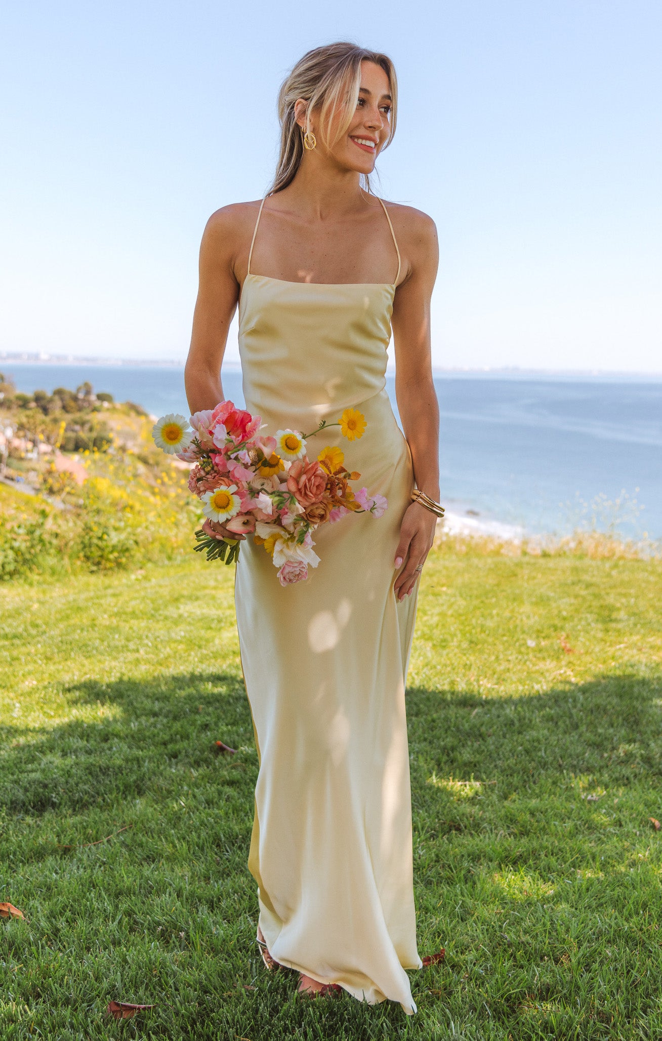 Dani Satin Slip Dress - Pale Yellow Maxi with Square Neck
