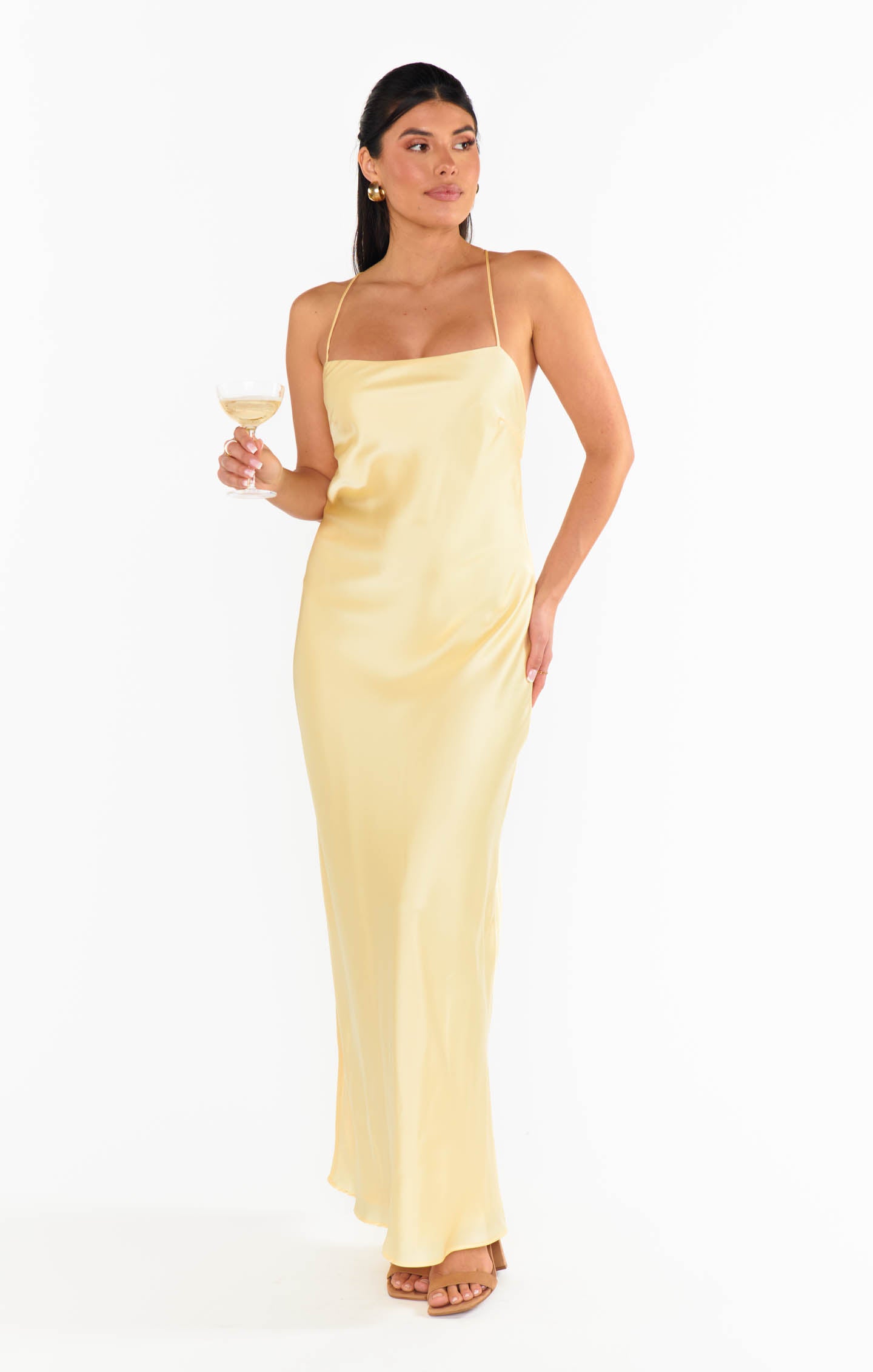 Dani Satin Slip Dress - Pale Yellow Maxi with Square Neck