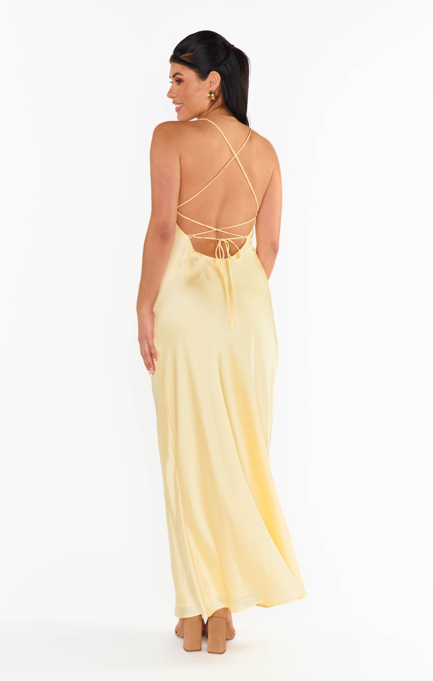 Dani Satin Slip Dress - Pale Yellow Maxi with Square Neck