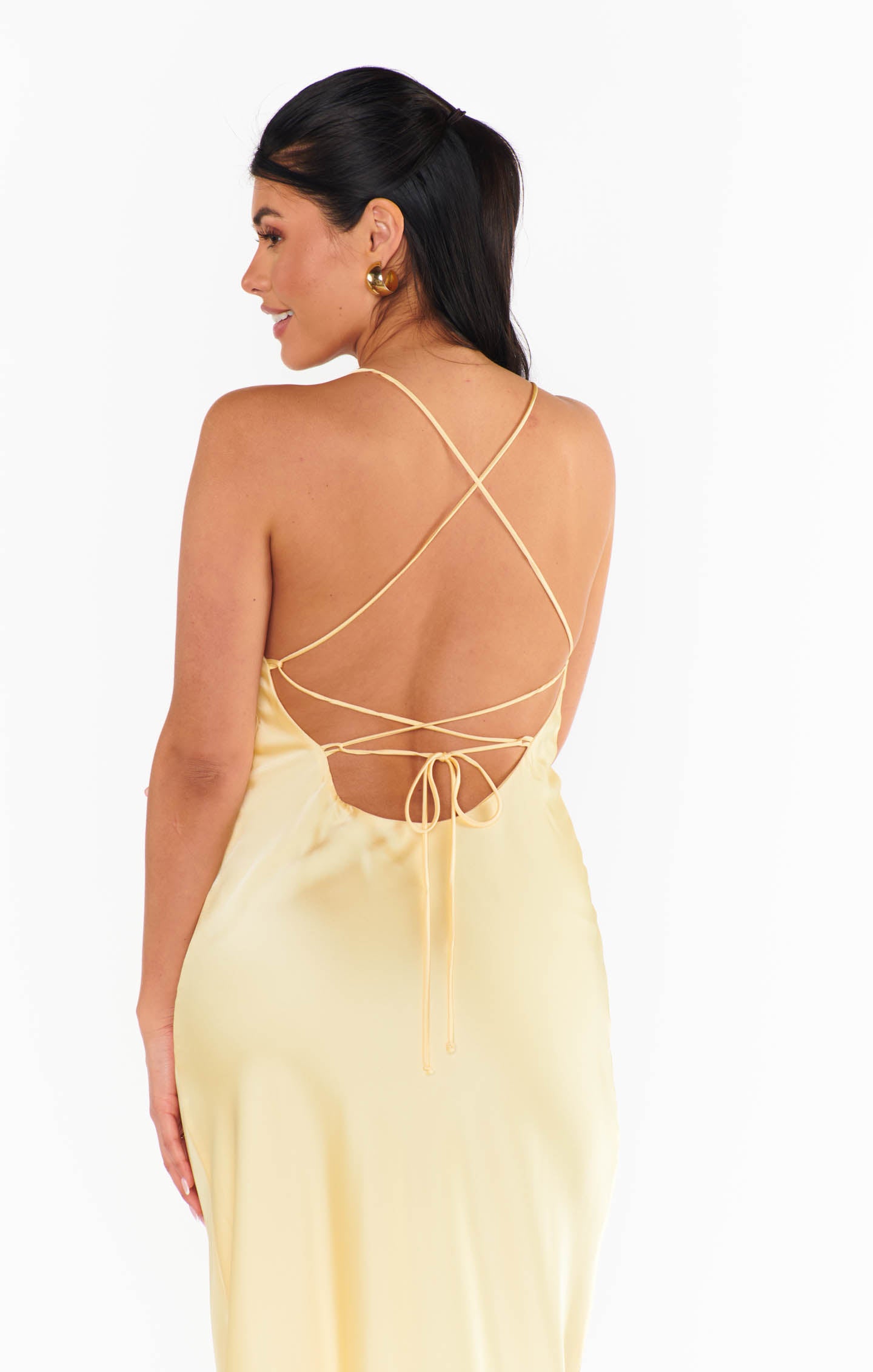 Dani Satin Slip Dress - Pale Yellow Maxi with Square Neck