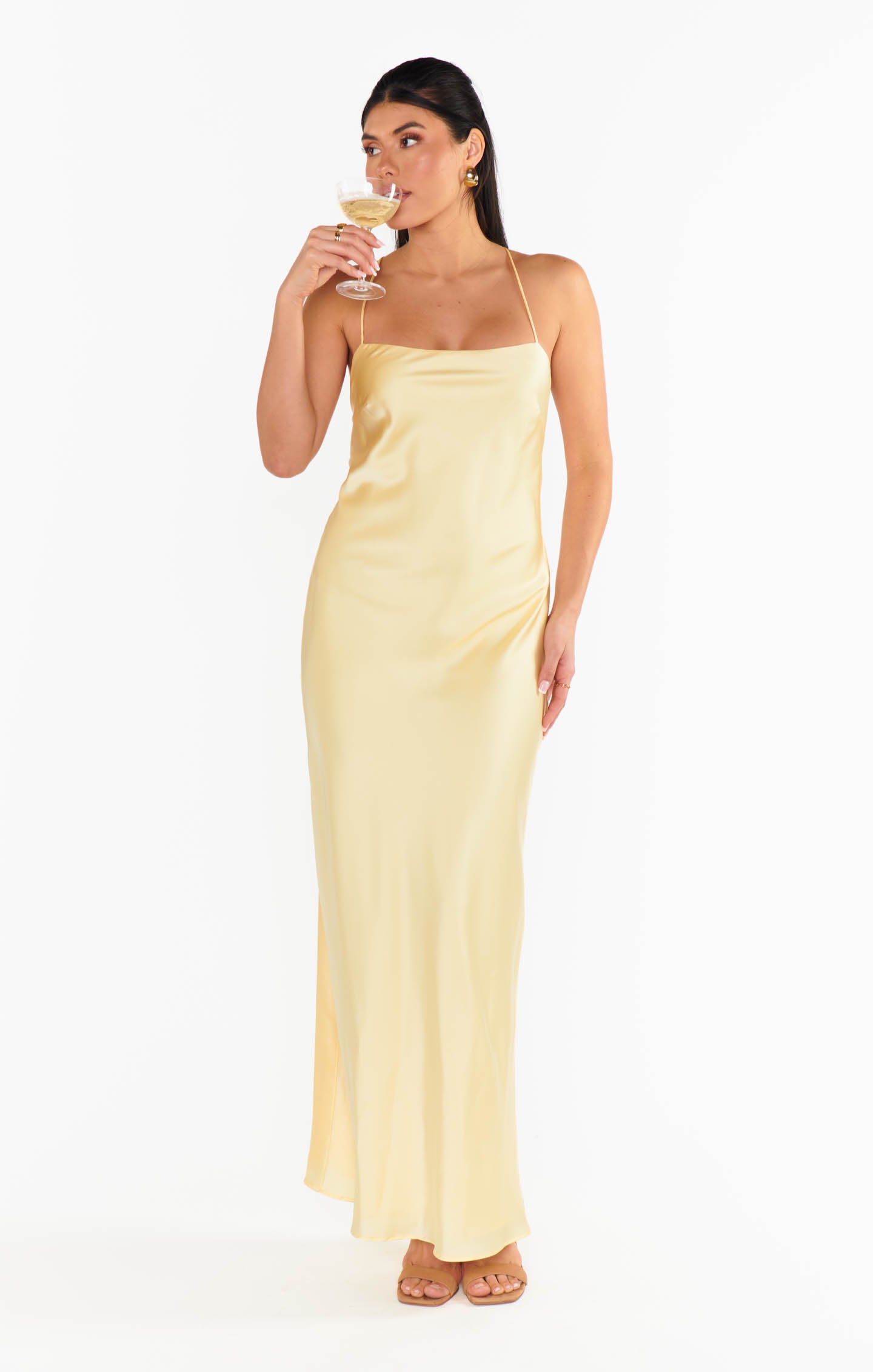 Dani Satin Slip Dress - Pale Yellow Maxi with Square Neck