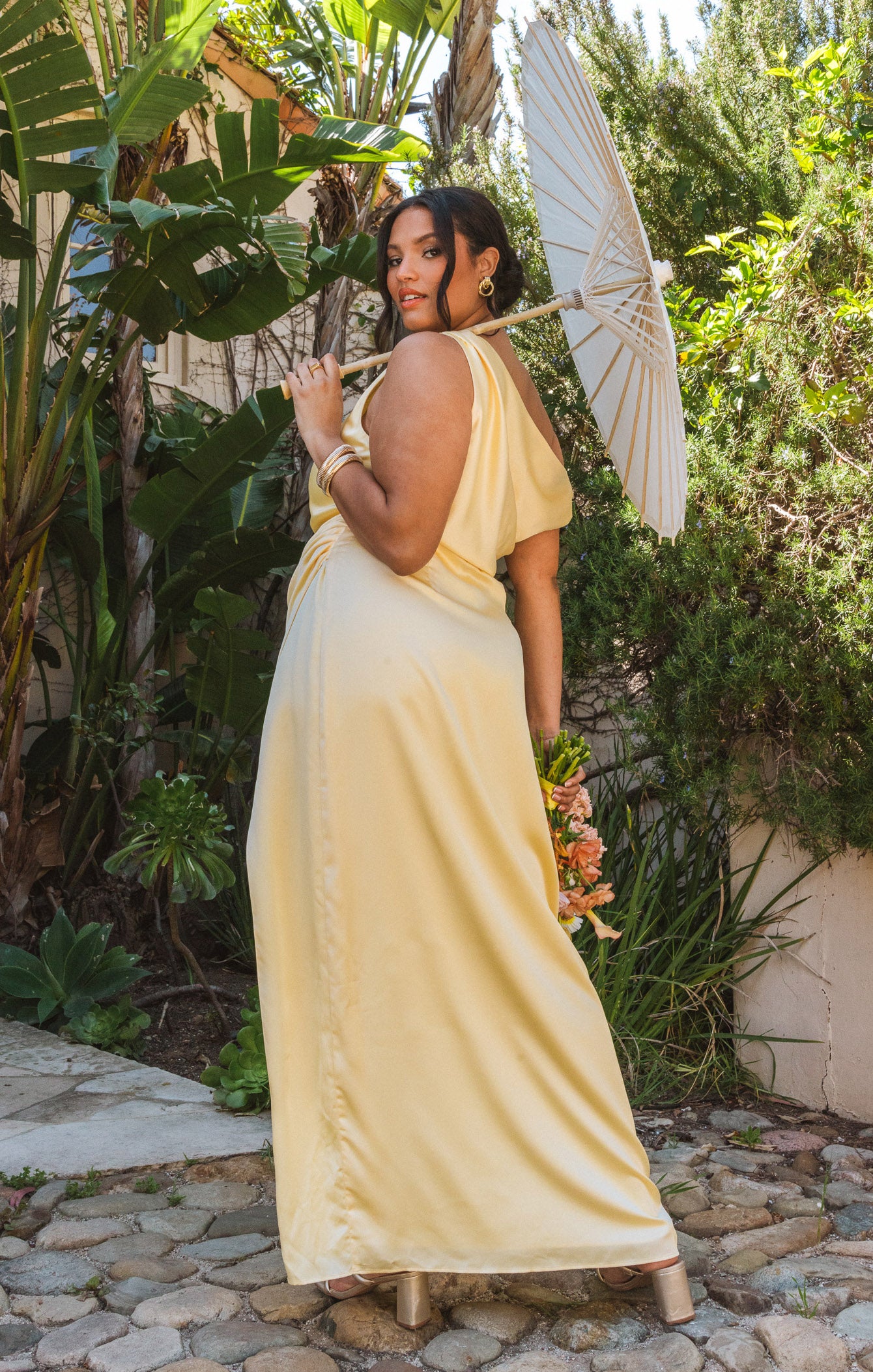 Jodie Satin Dress - Pale Yellow Asymmetrical Evening Gown