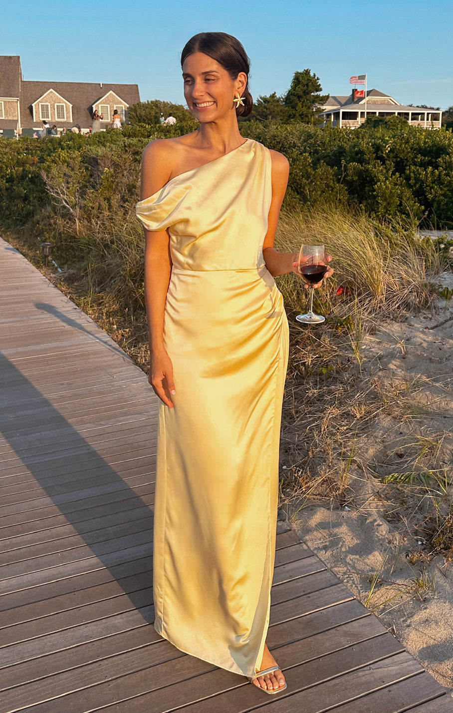 Jodie Satin Dress - Pale Yellow Asymmetrical Evening Gown
