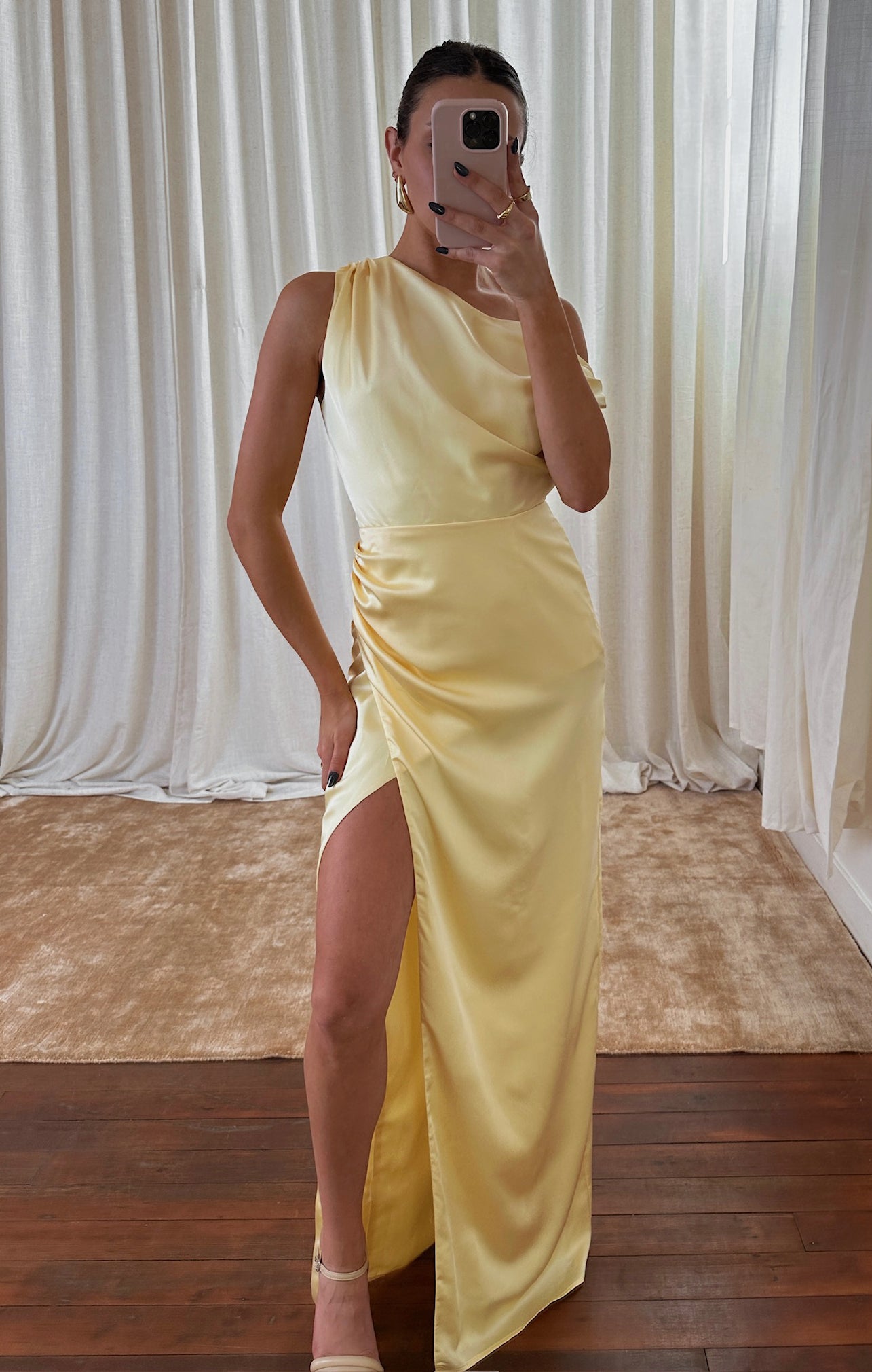 Jodie Satin Dress - Pale Yellow Asymmetrical Evening Gown