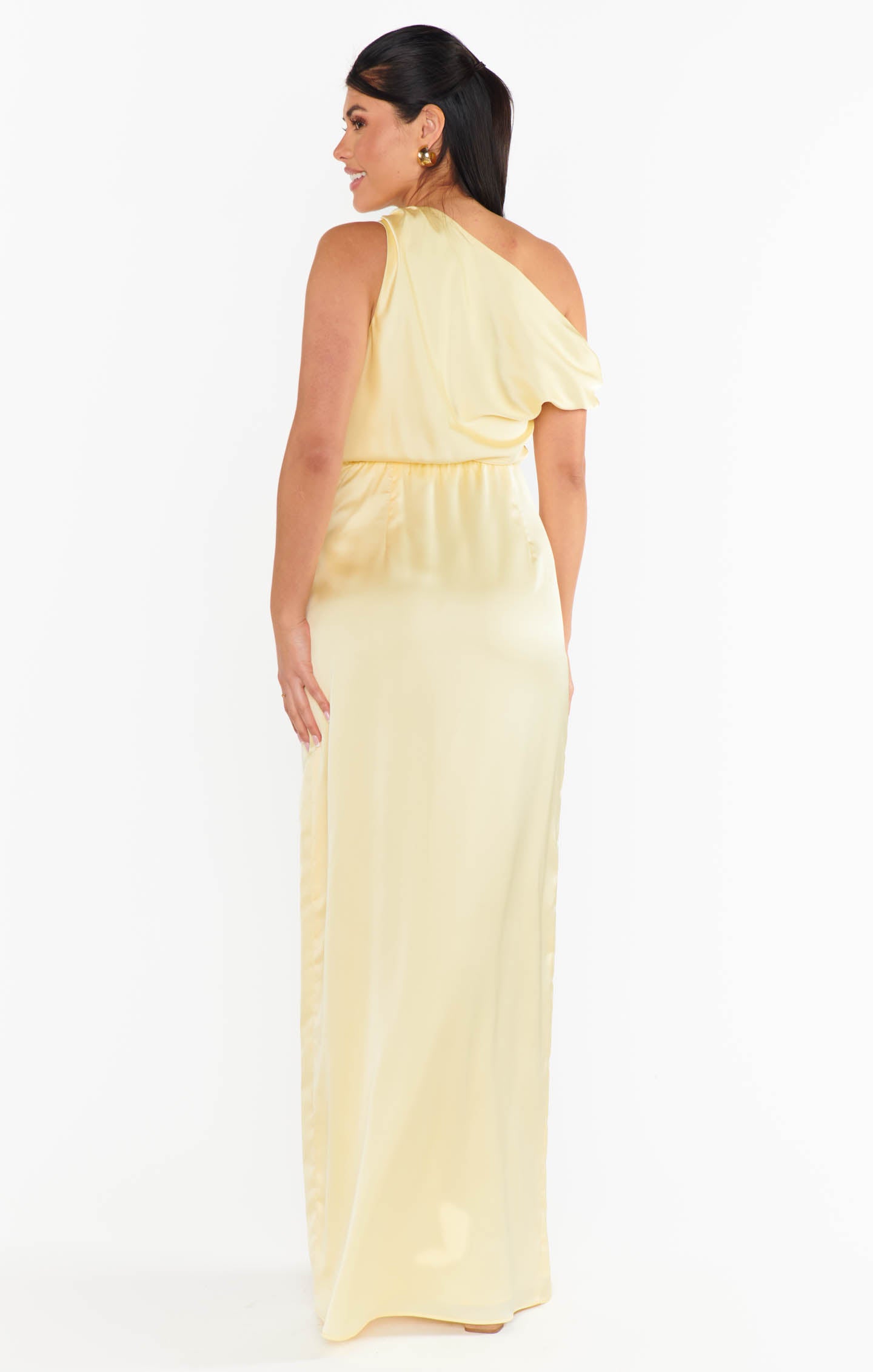 Jodie Satin Dress - Pale Yellow Asymmetrical Evening Gown