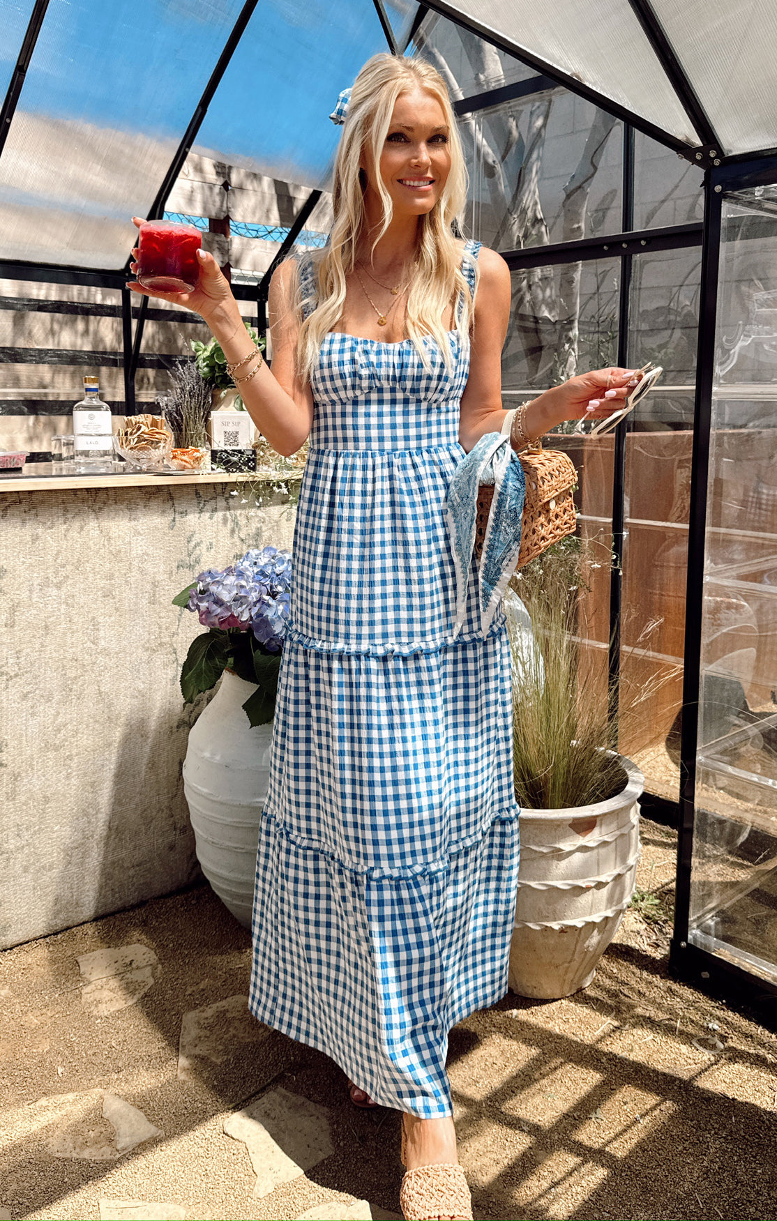 Blue Bounty Gingham Rosie Dress with Ruffled Straps & Sweetheart Neckline