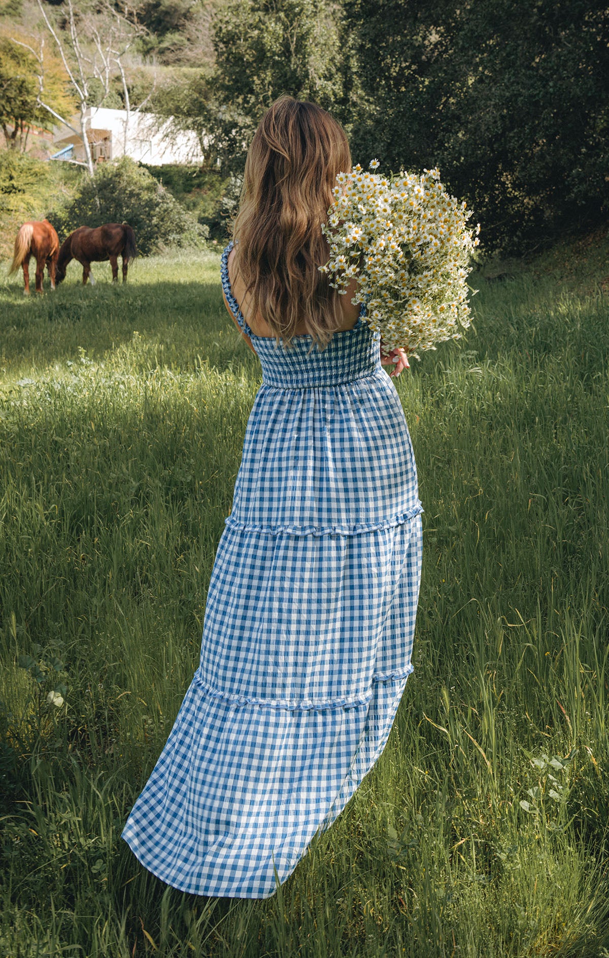 Blue Bounty Gingham Rosie Dress with Ruffled Straps & Sweetheart Neckline