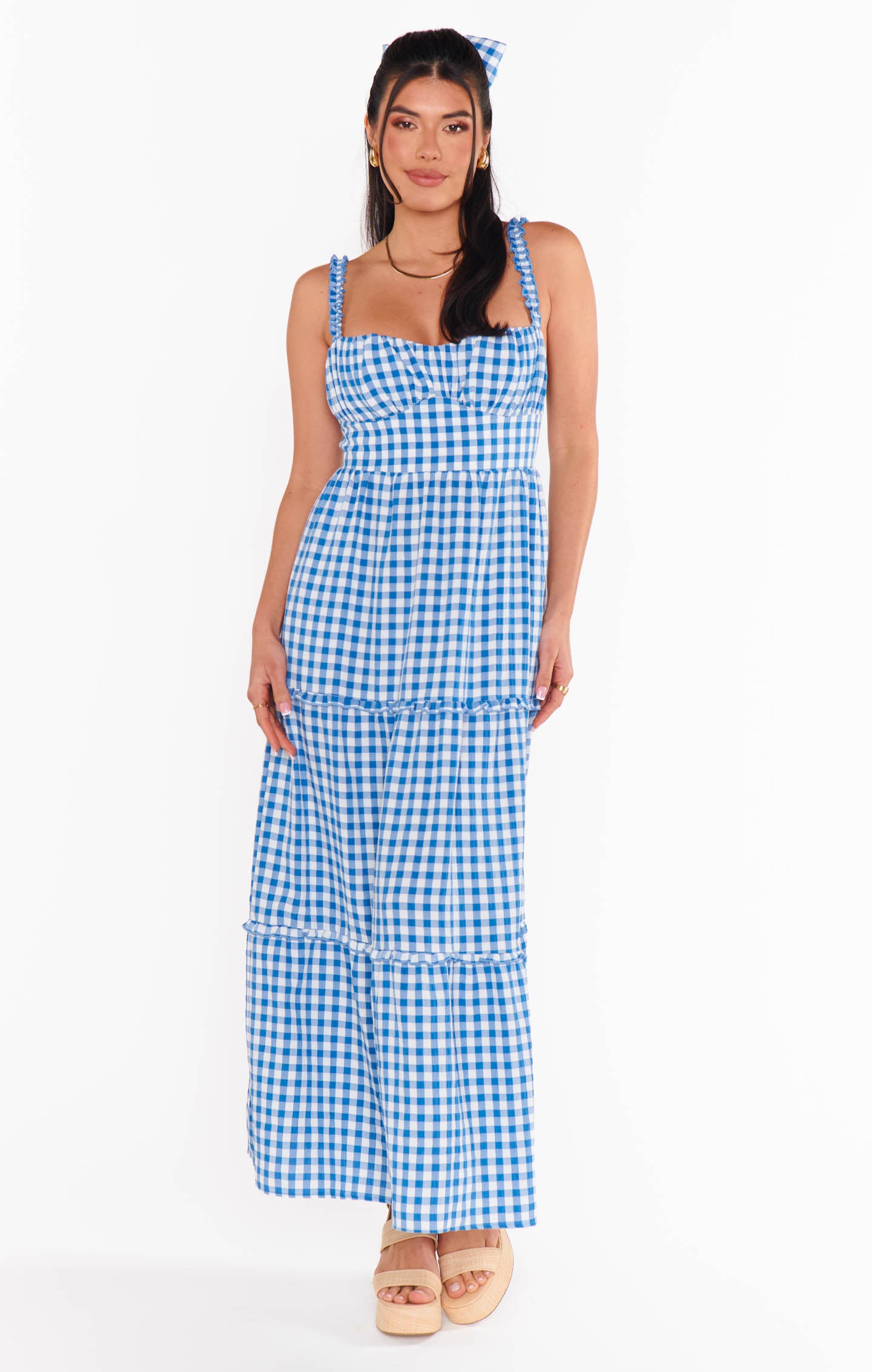 Blue Bounty Gingham Rosie Dress with Ruffled Straps & Sweetheart Neckline