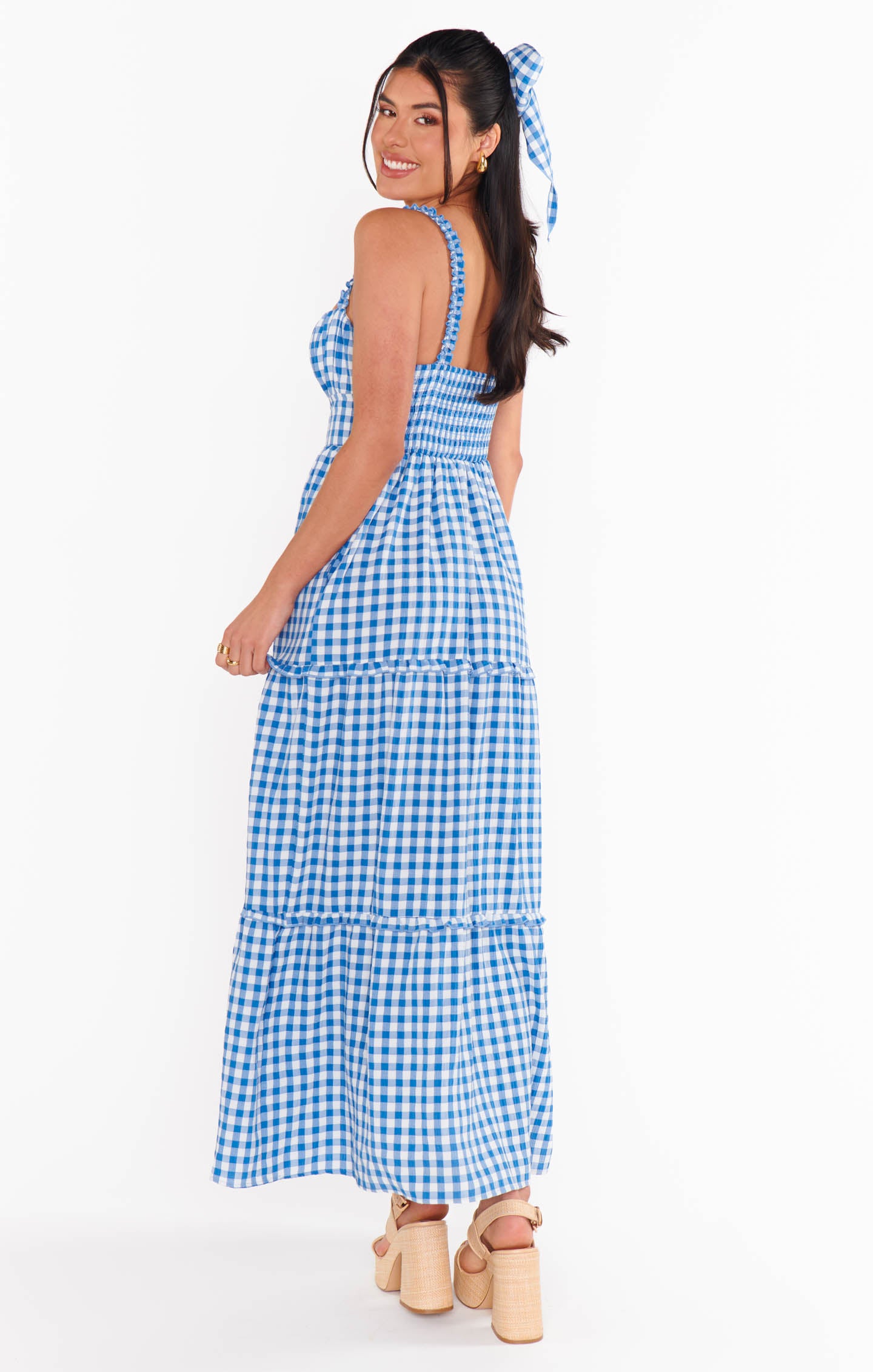 Blue Bounty Gingham Rosie Dress with Ruffled Straps & Sweetheart Neckline