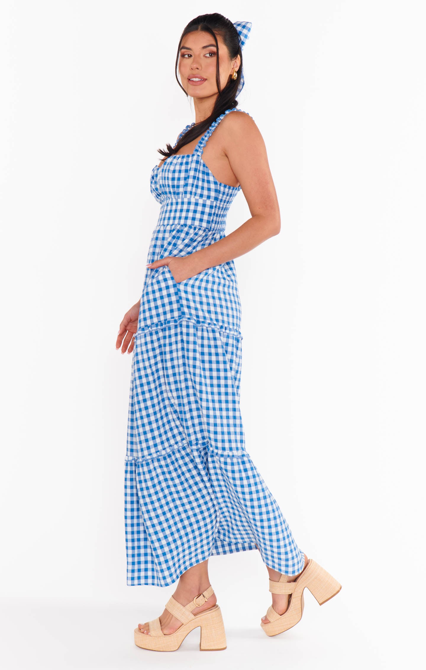 Blue Bounty Gingham Rosie Dress with Ruffled Straps & Sweetheart Neckline