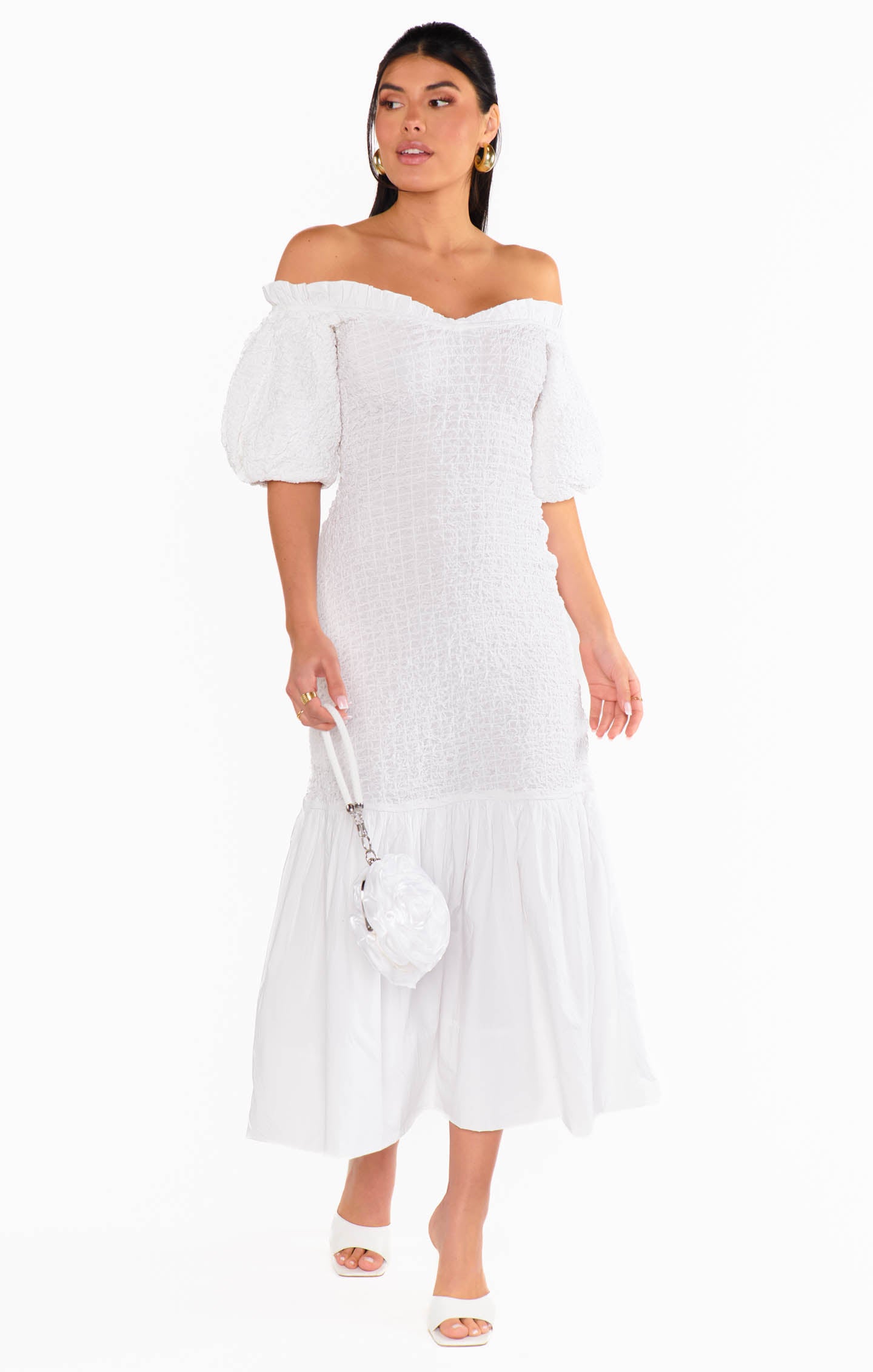 Off-Shoulder White Stretch Midi Dress for Date Night