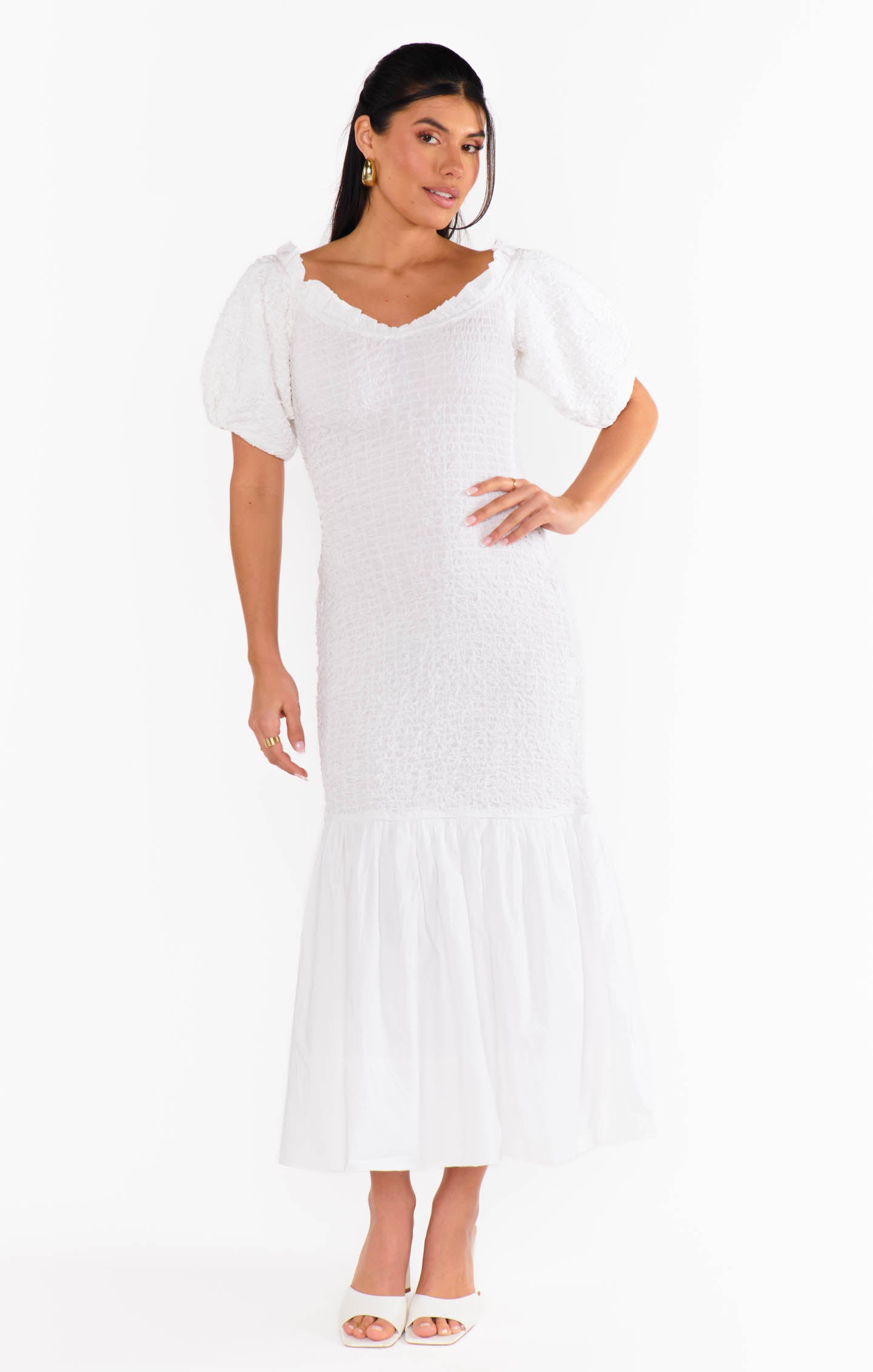 Off-Shoulder White Stretch Midi Dress for Date Night