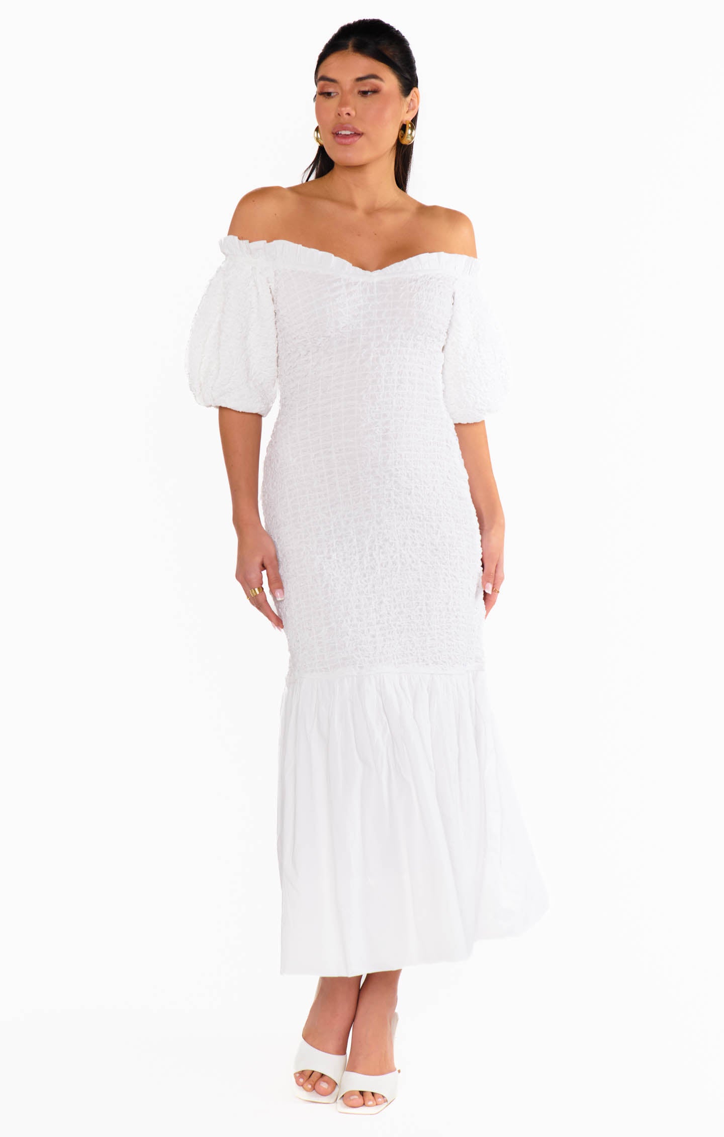 Off-Shoulder White Stretch Midi Dress for Date Night