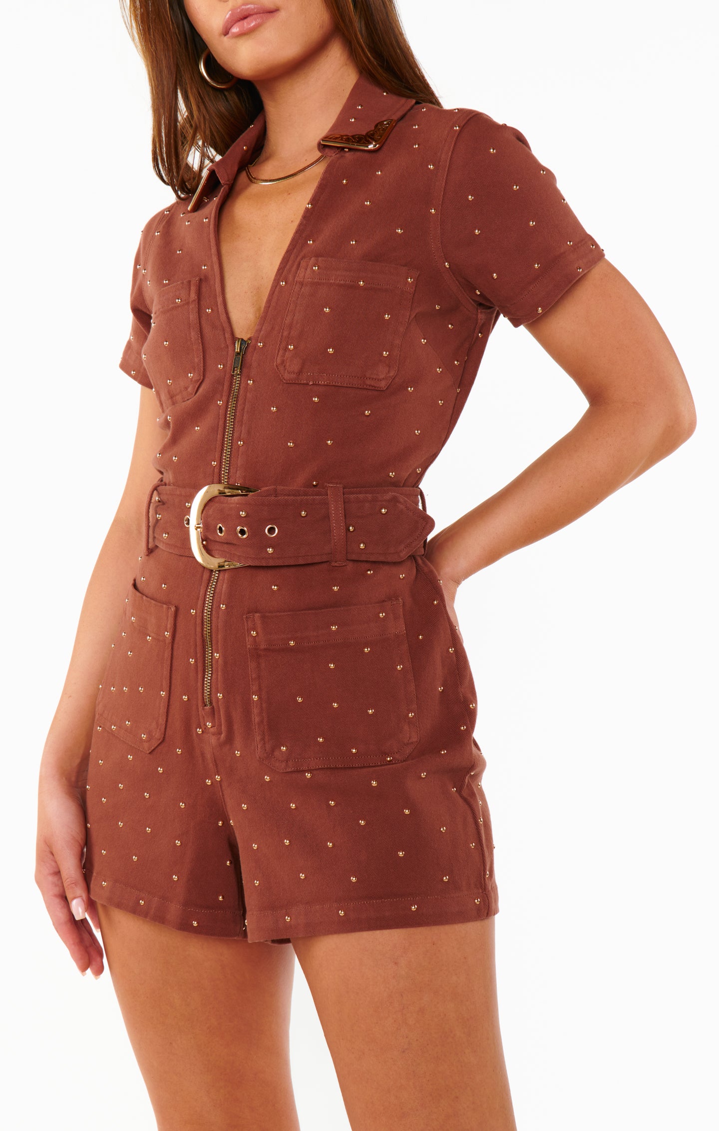Brown Studded Denim Romper - Zippered Front Western Style