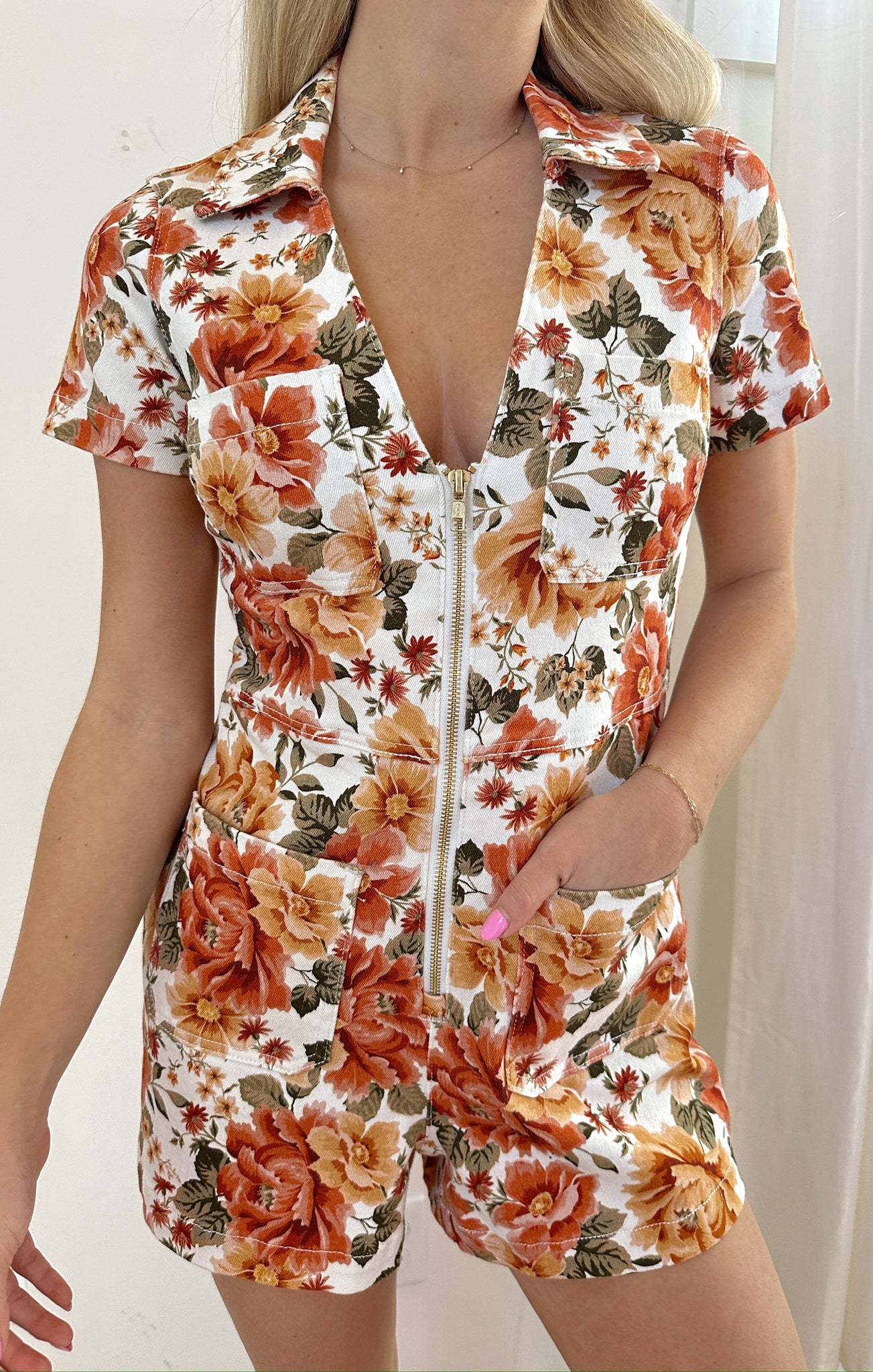 Denim Romper with Zippered Front & Embroidered Pockets - Ranch Style
