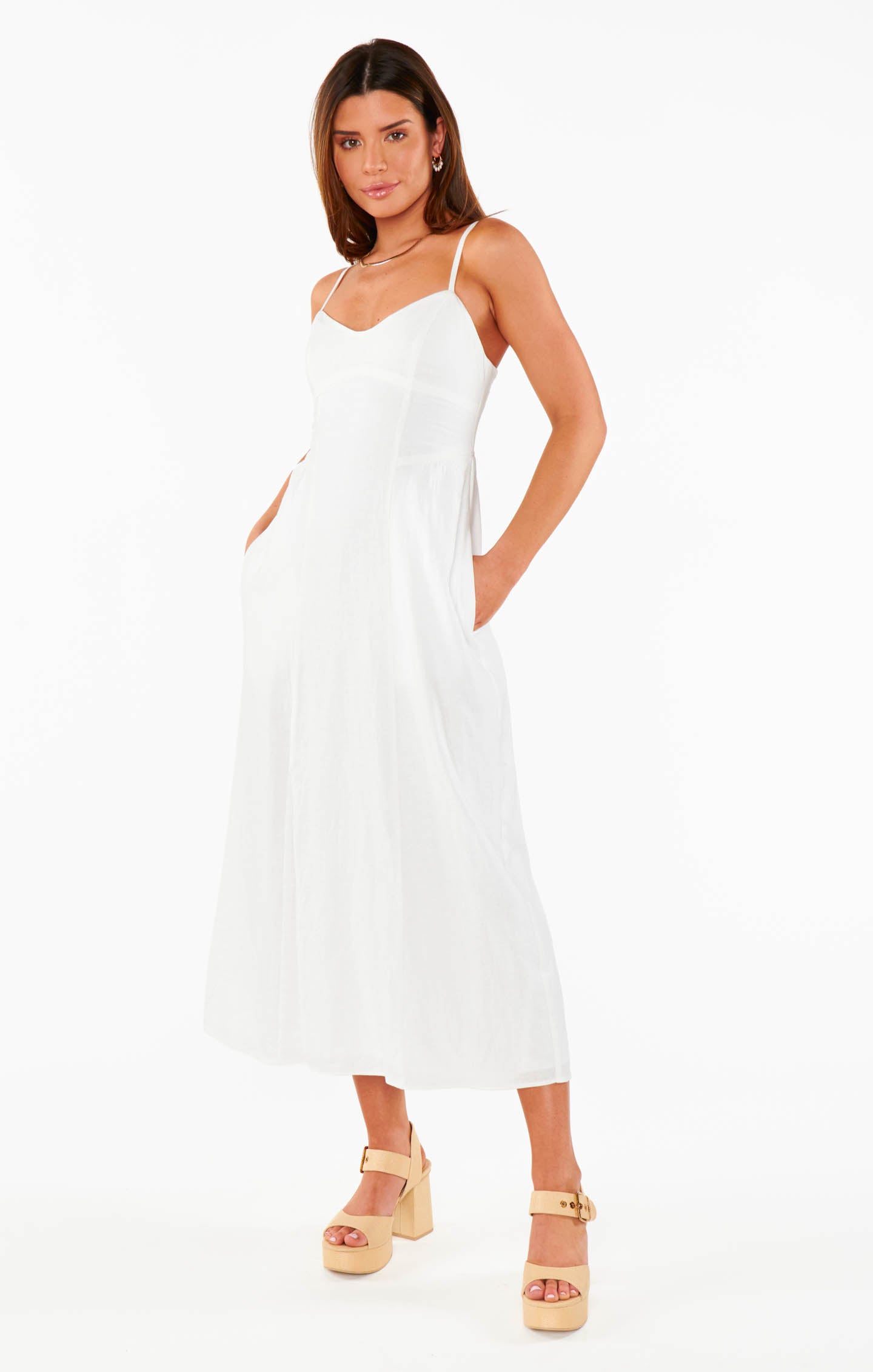 White Linen Midi Dress with Sweetheart Neckline | Allegra