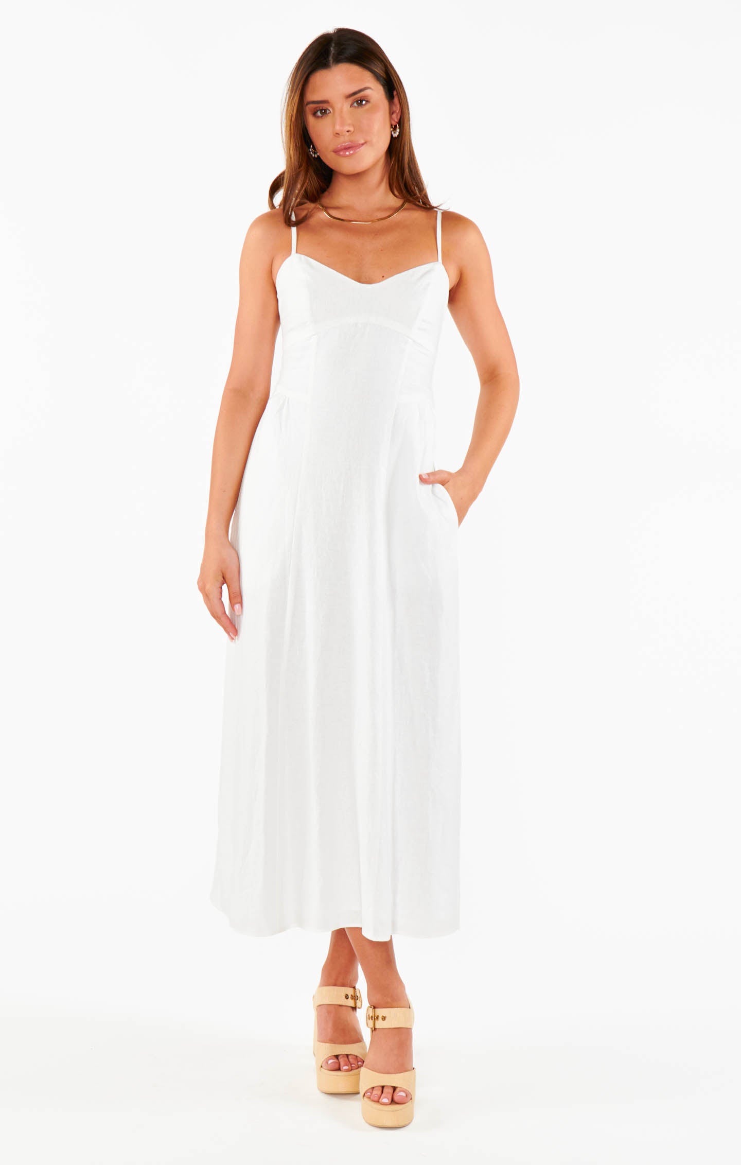 White Linen Midi Dress with Sweetheart Neckline | Allegra