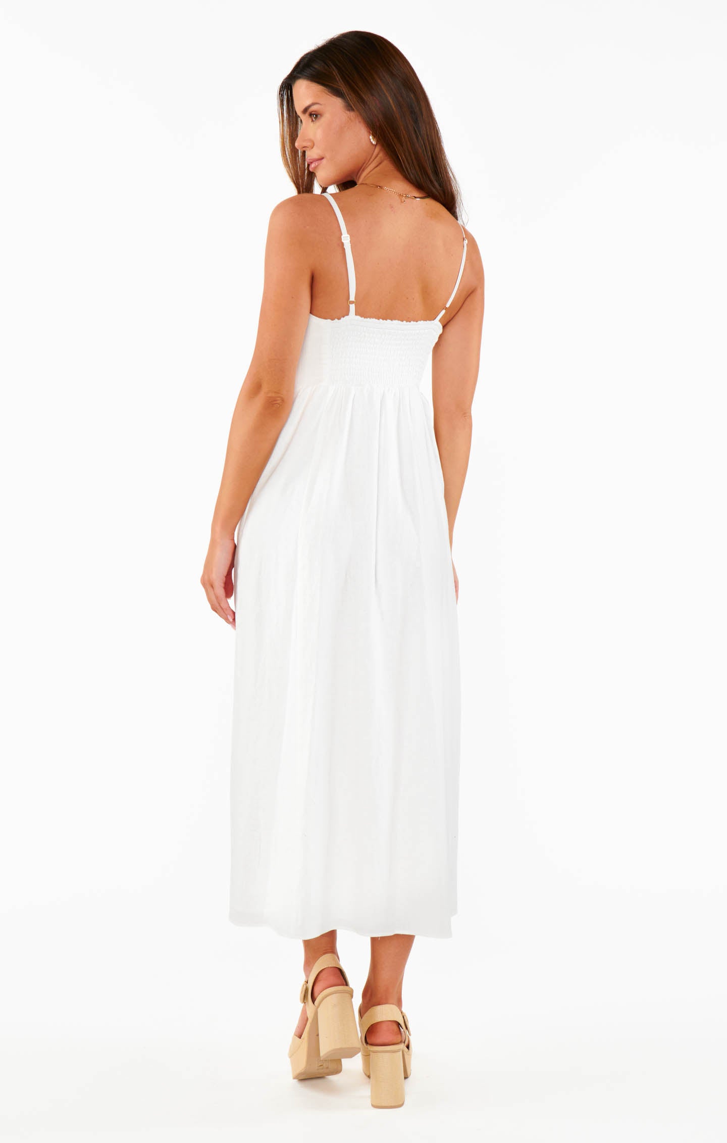 White Linen Midi Dress with Sweetheart Neckline | Allegra