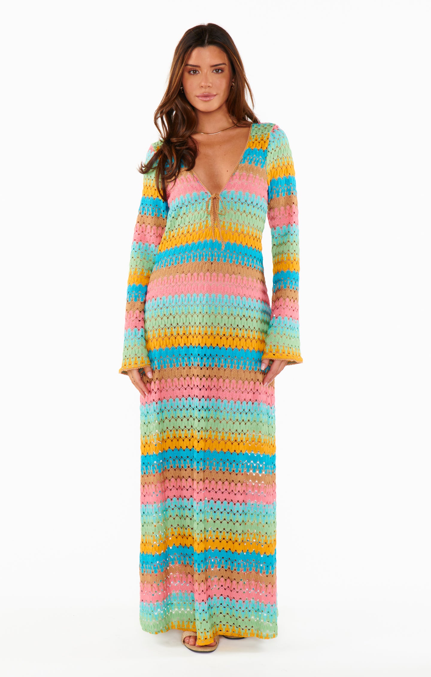 Beach Cover Up Dress - Long Sleeve Crochet Maxi with Tie Front