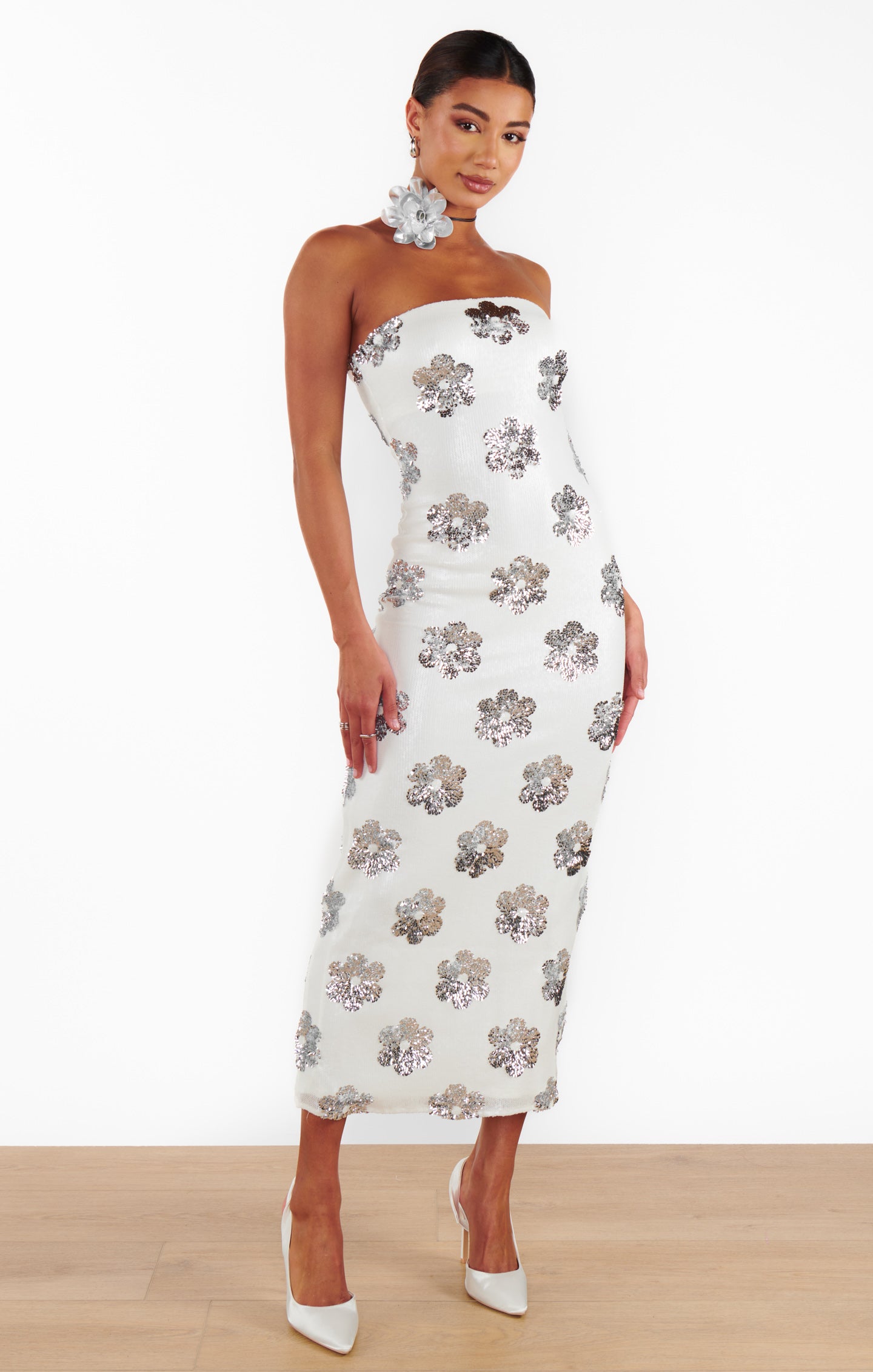 Taylor Daisy Sequin White Strapless Maxi Dress