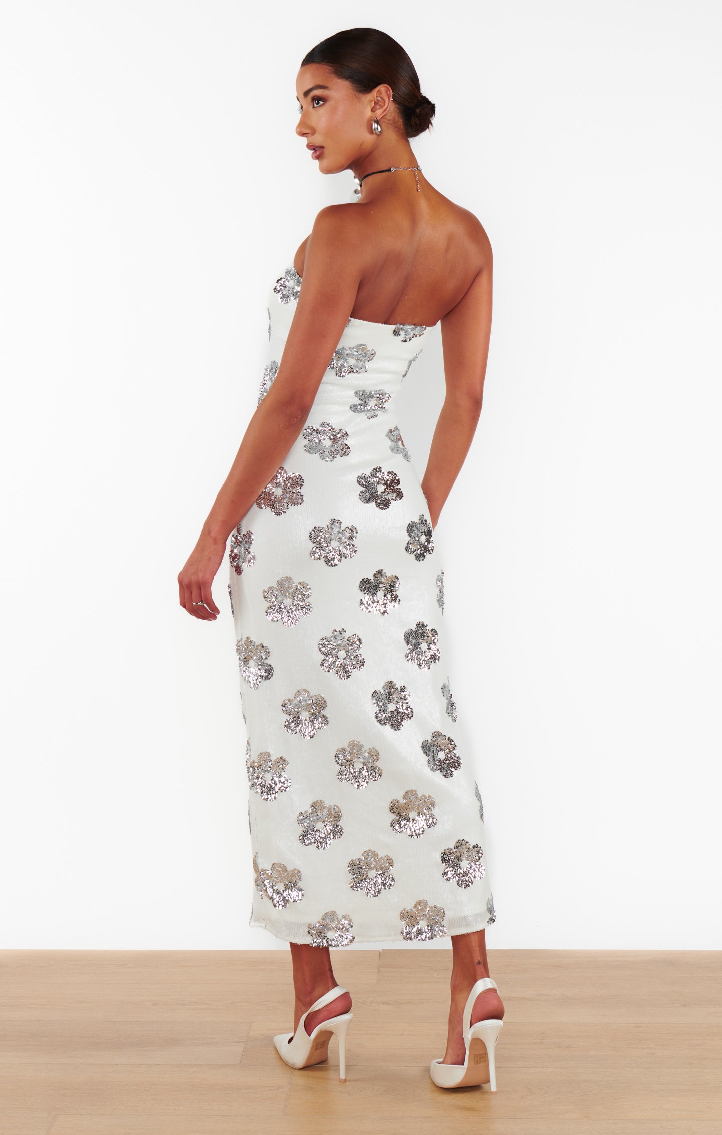 Taylor Daisy Sequin White Strapless Maxi Dress