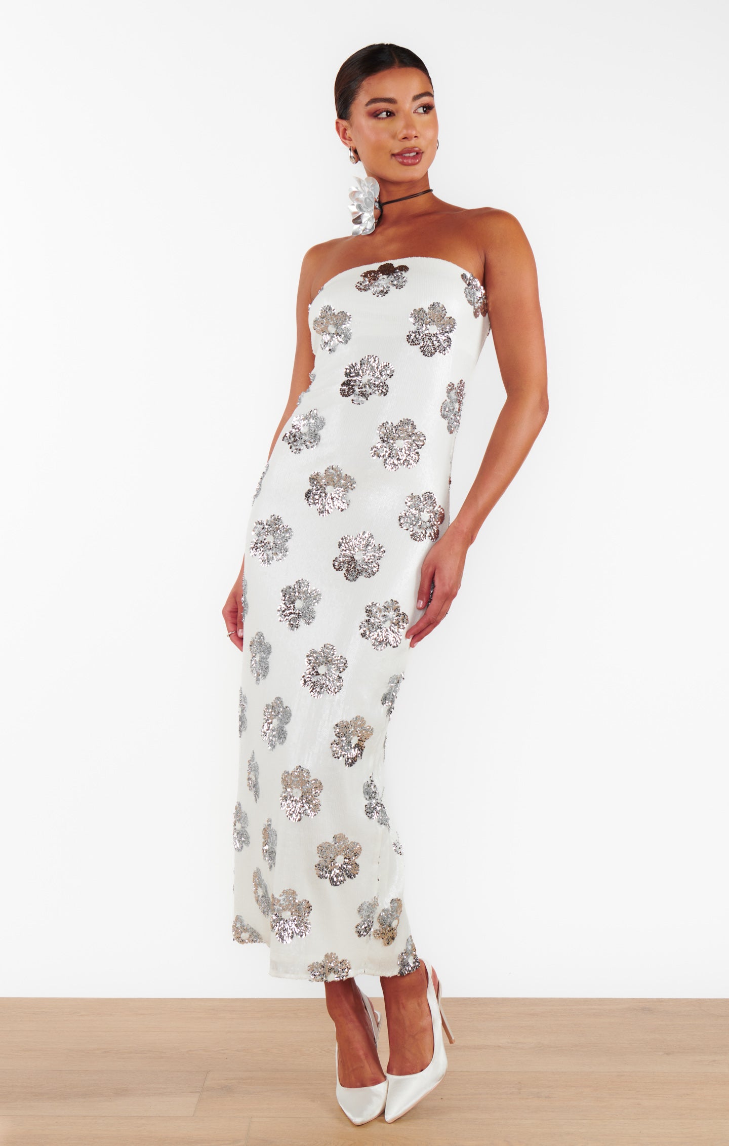 Taylor Daisy Sequin White Strapless Maxi Dress