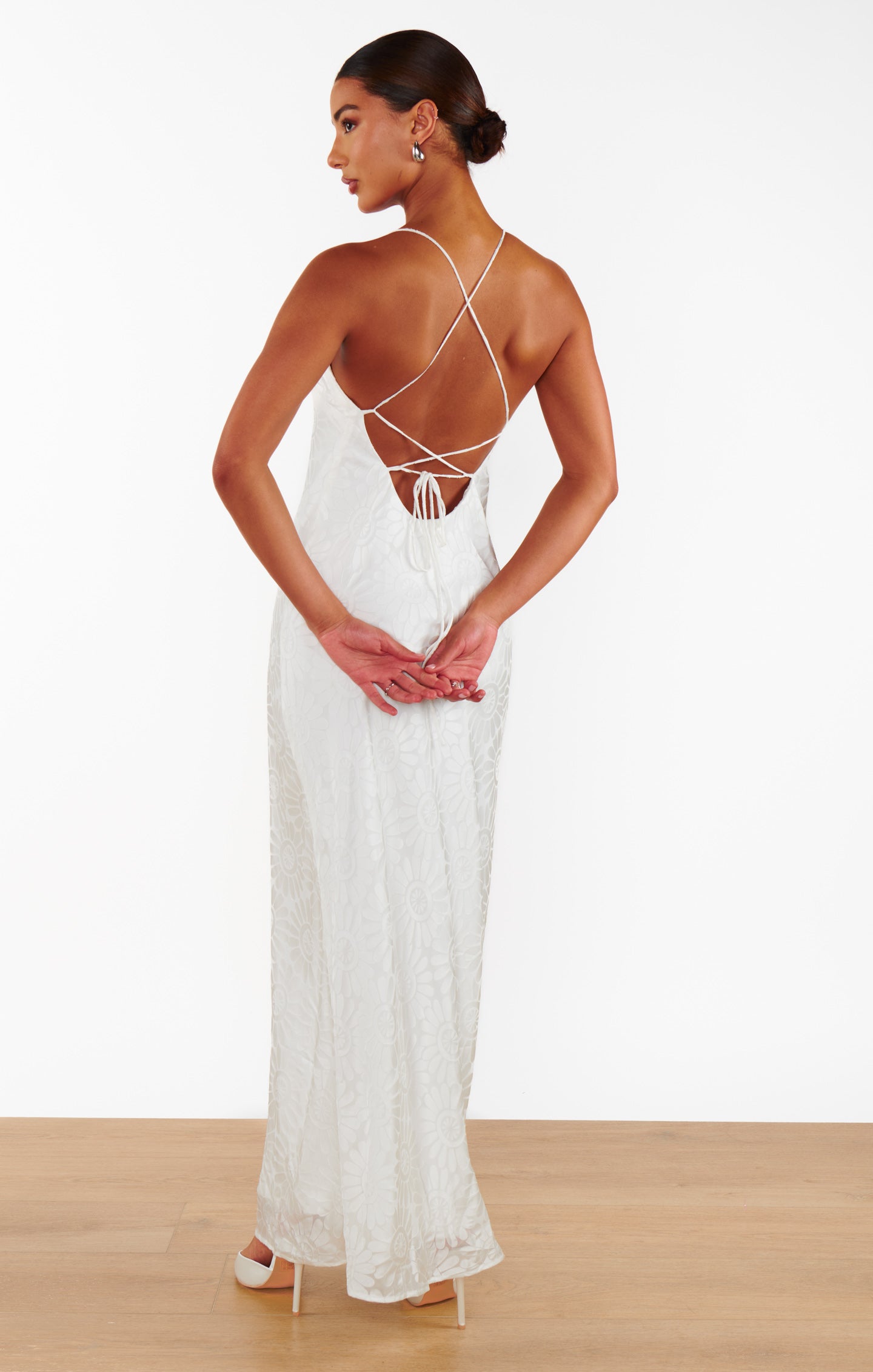 Dani White Daisy Burnout Maxi Slip Dress with Square Neck & Open Back