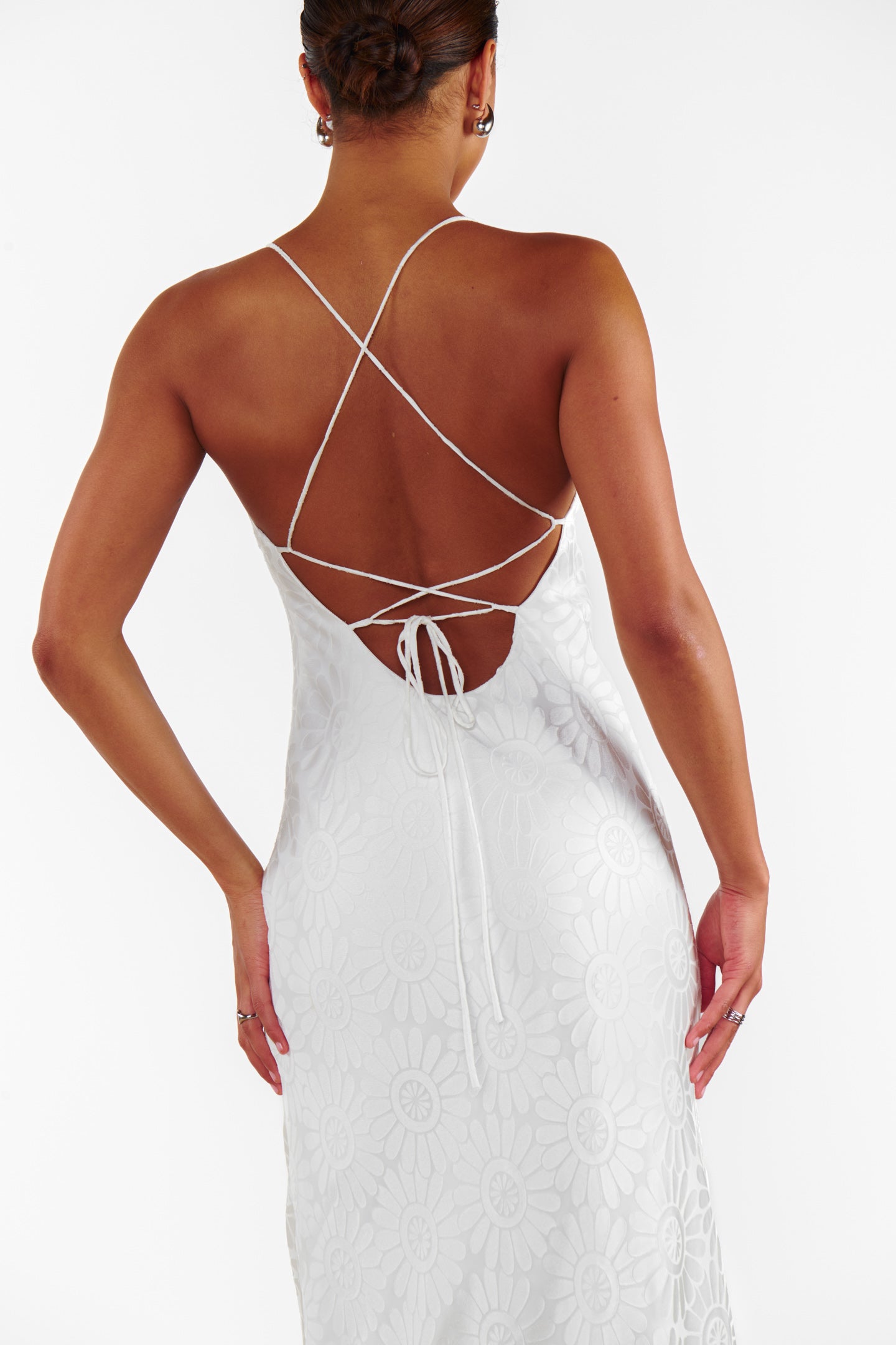Dani White Daisy Burnout Maxi Slip Dress with Square Neck & Open Back