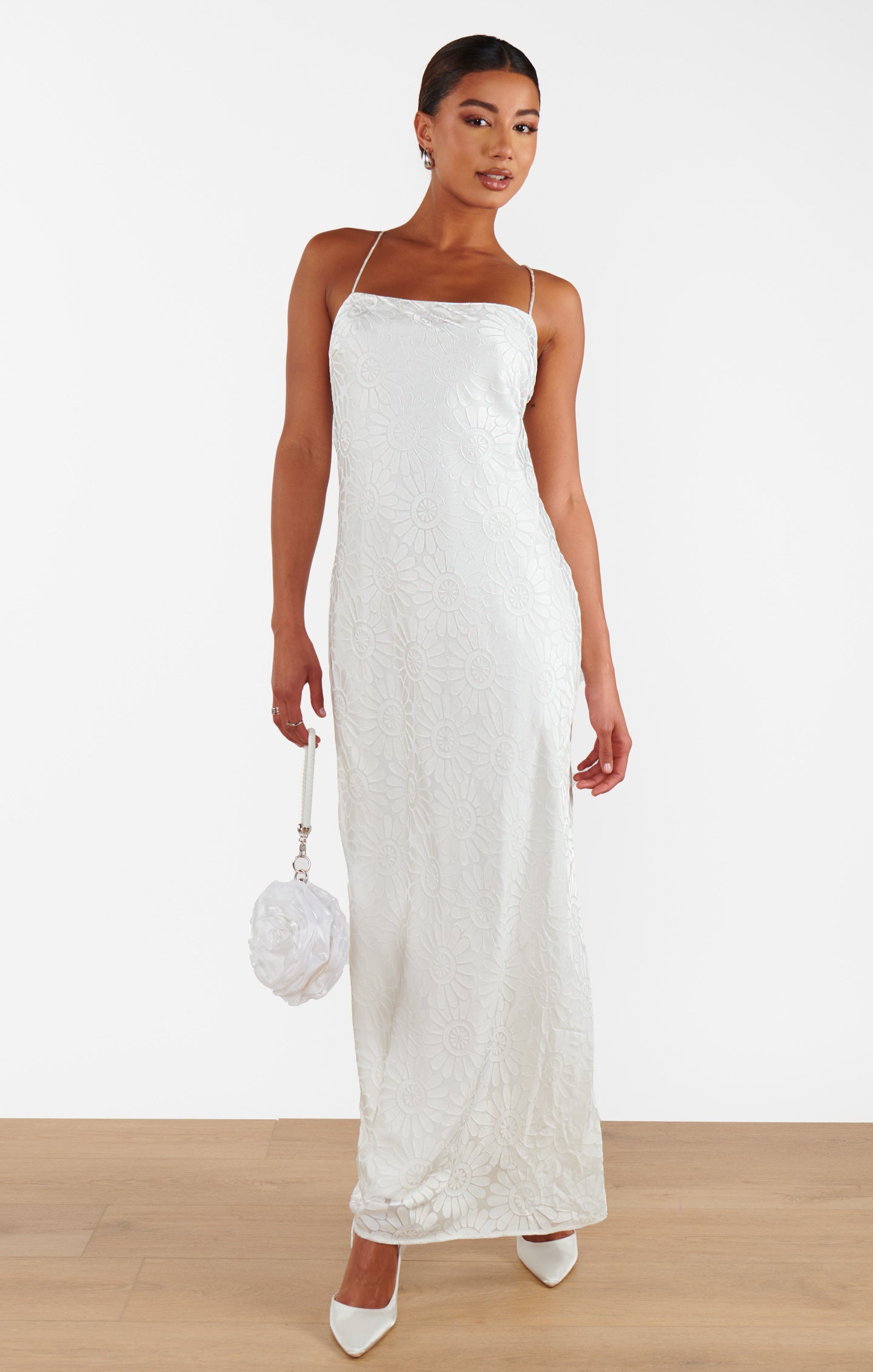 Dani White Daisy Burnout Maxi Slip Dress with Square Neck & Open Back