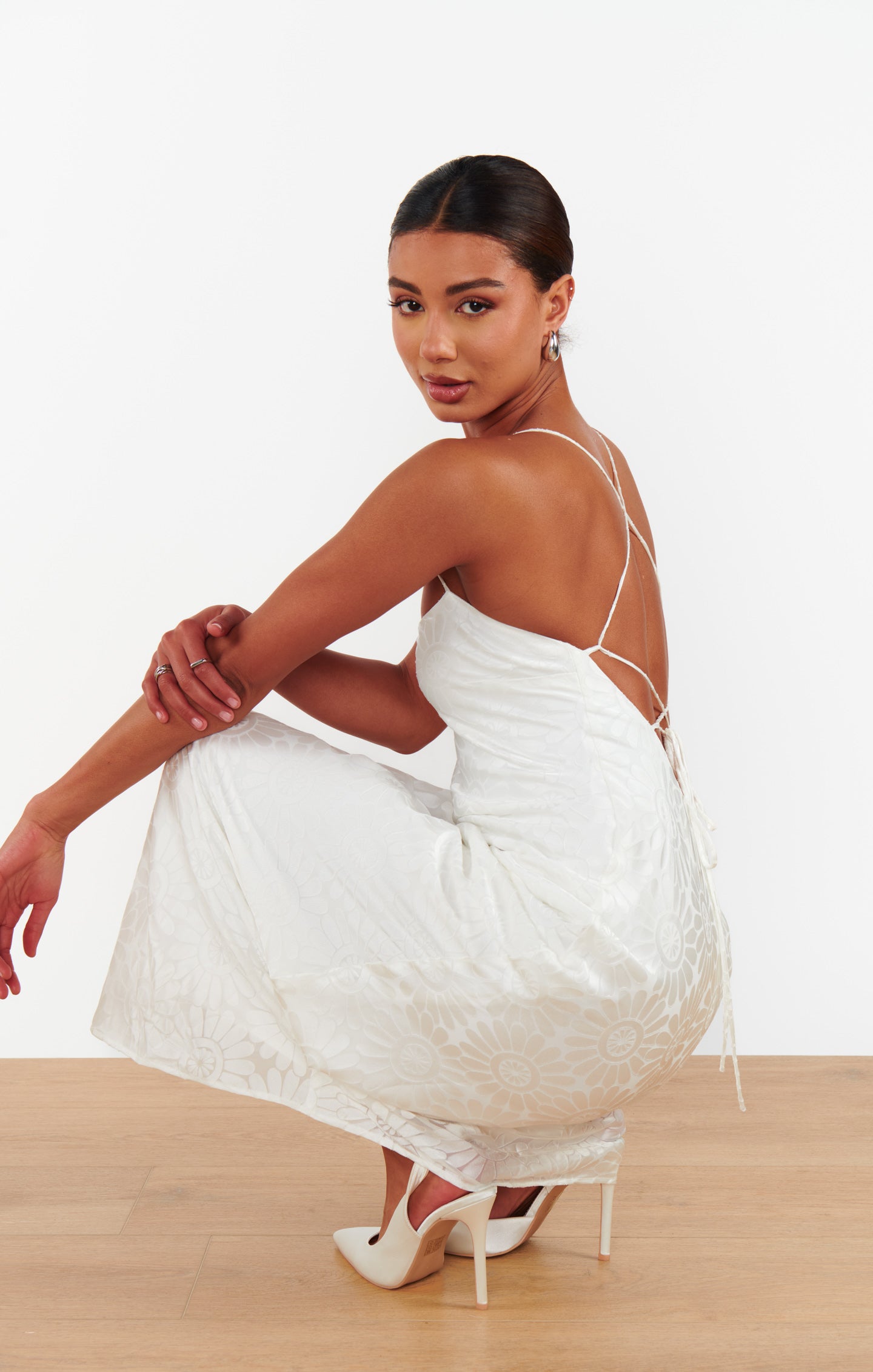 Dani White Daisy Burnout Maxi Slip Dress with Square Neck & Open Back