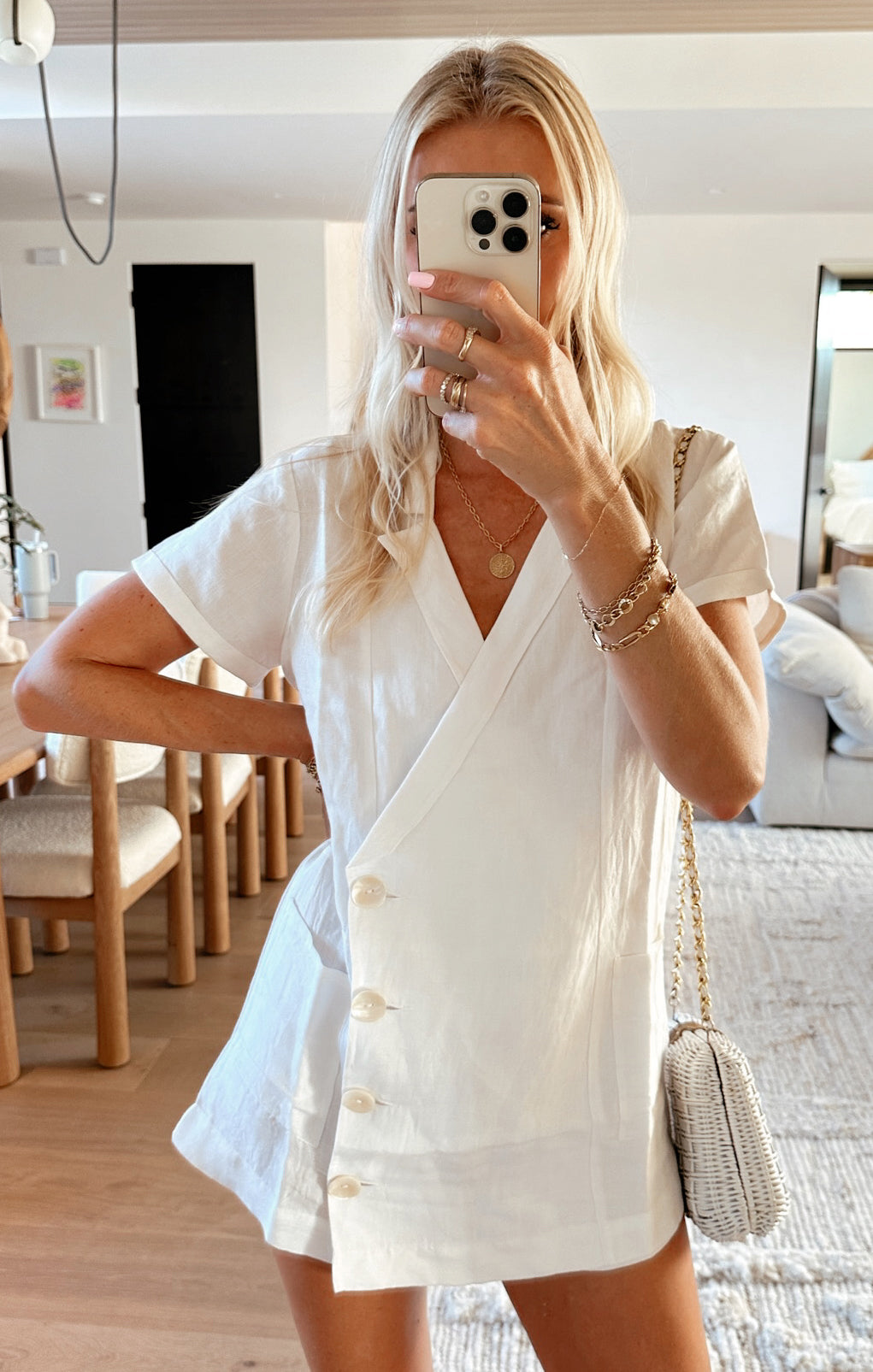 White Linen Blazer Romper with Pockets - Bicoastal Chic