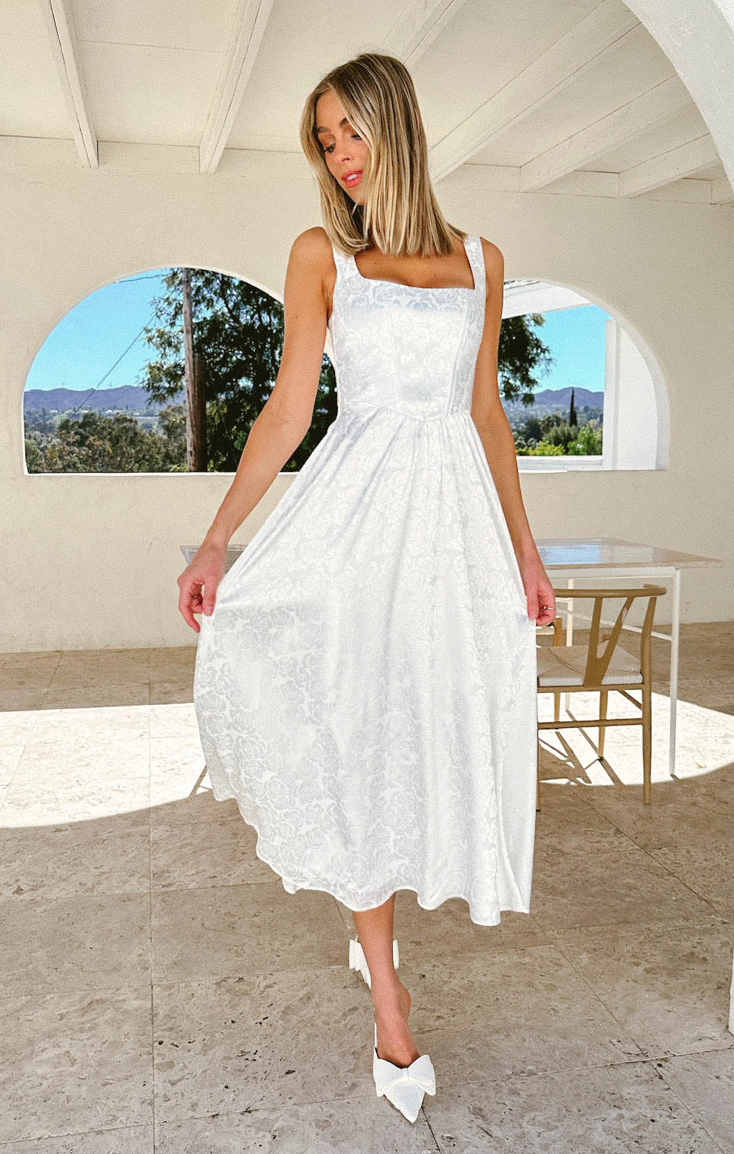 Nina White Rose Satin Midi Dress with Corset Bodice