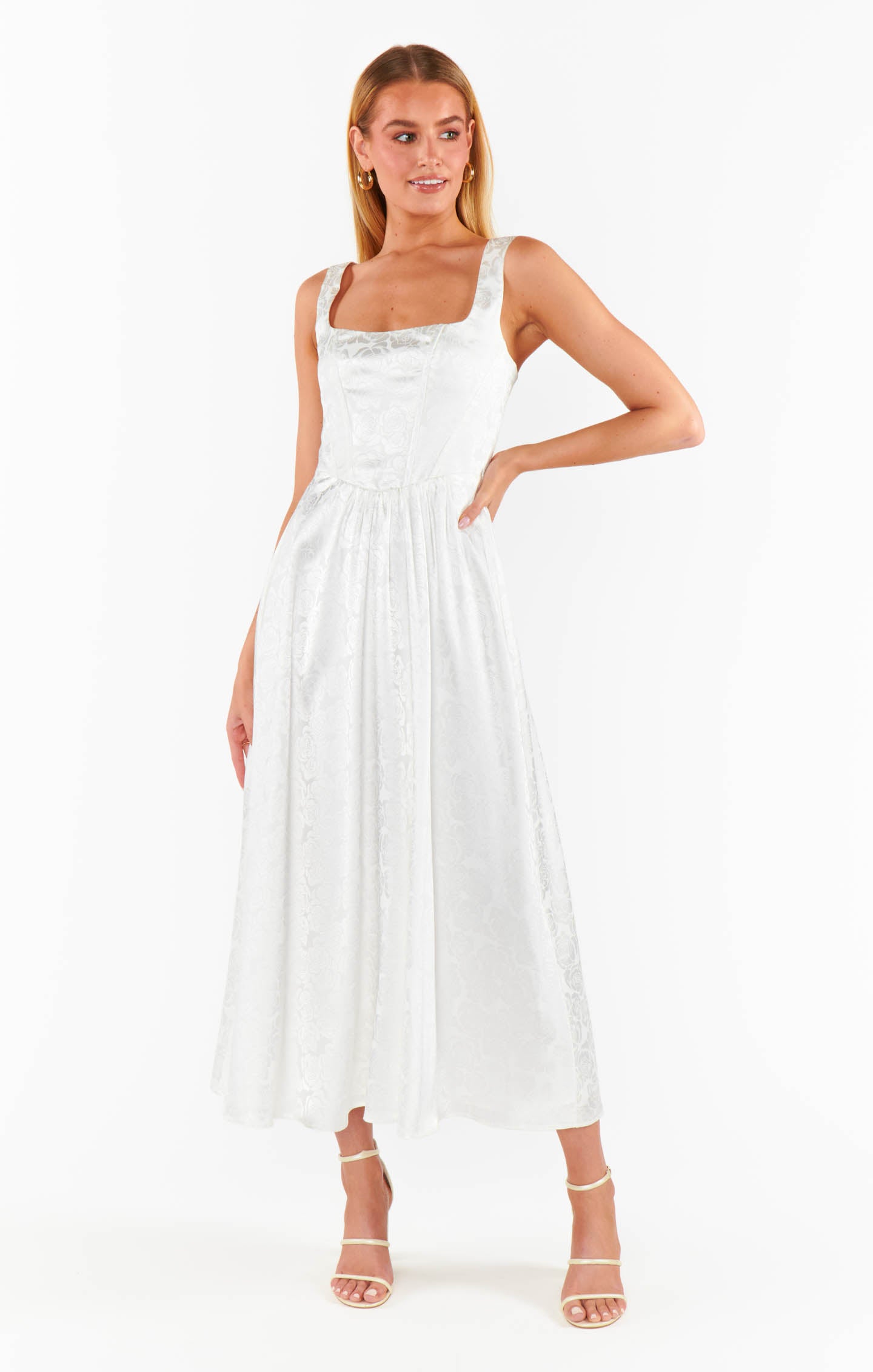 Nina White Rose Satin Midi Dress with Corset Bodice